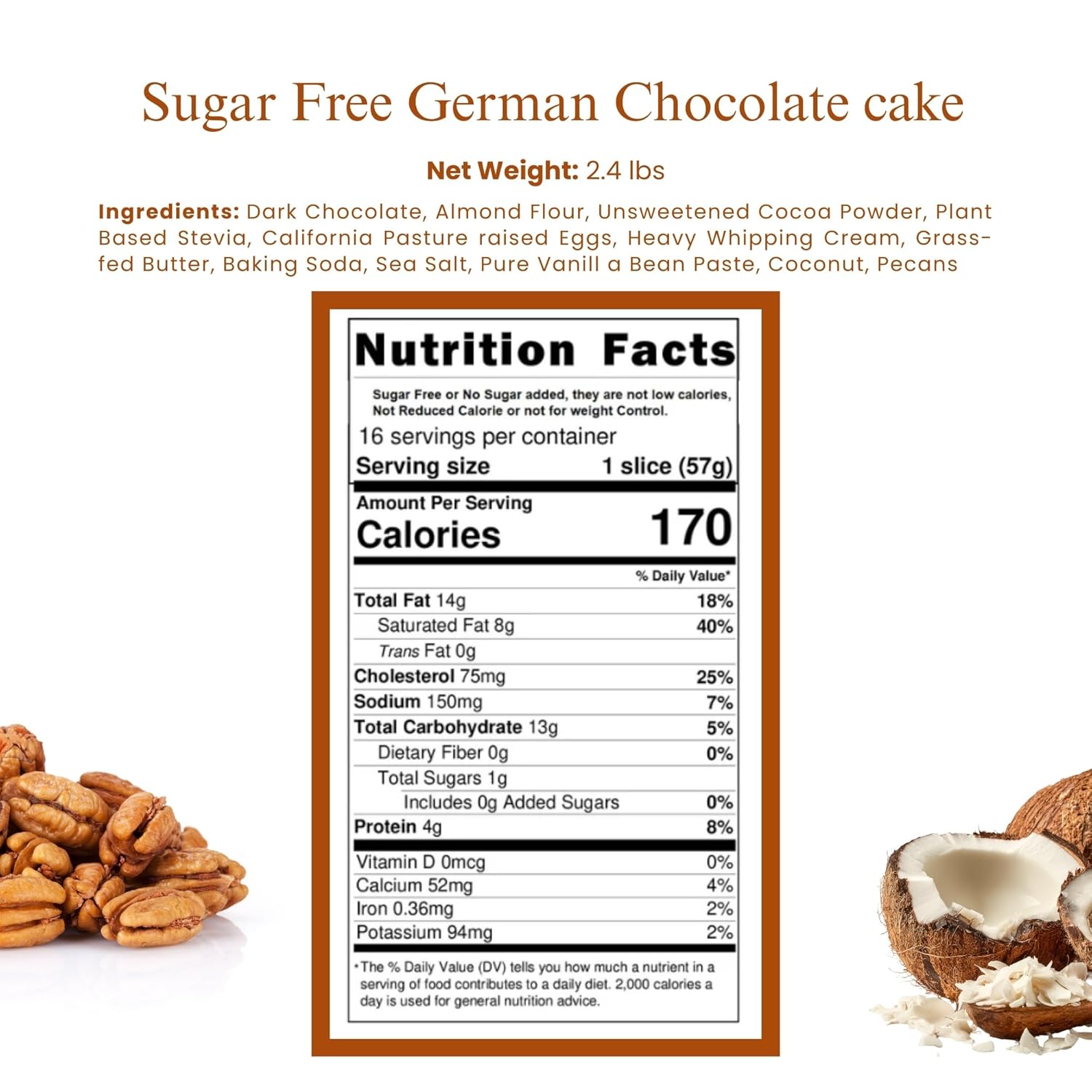 Andy Anand Sugar Free German Chocolate Cake – Belgian Chocolate, Pecan & Coconut, Keto & Diabetic Friendly, No Preservatives, 2.4 lb Gift
