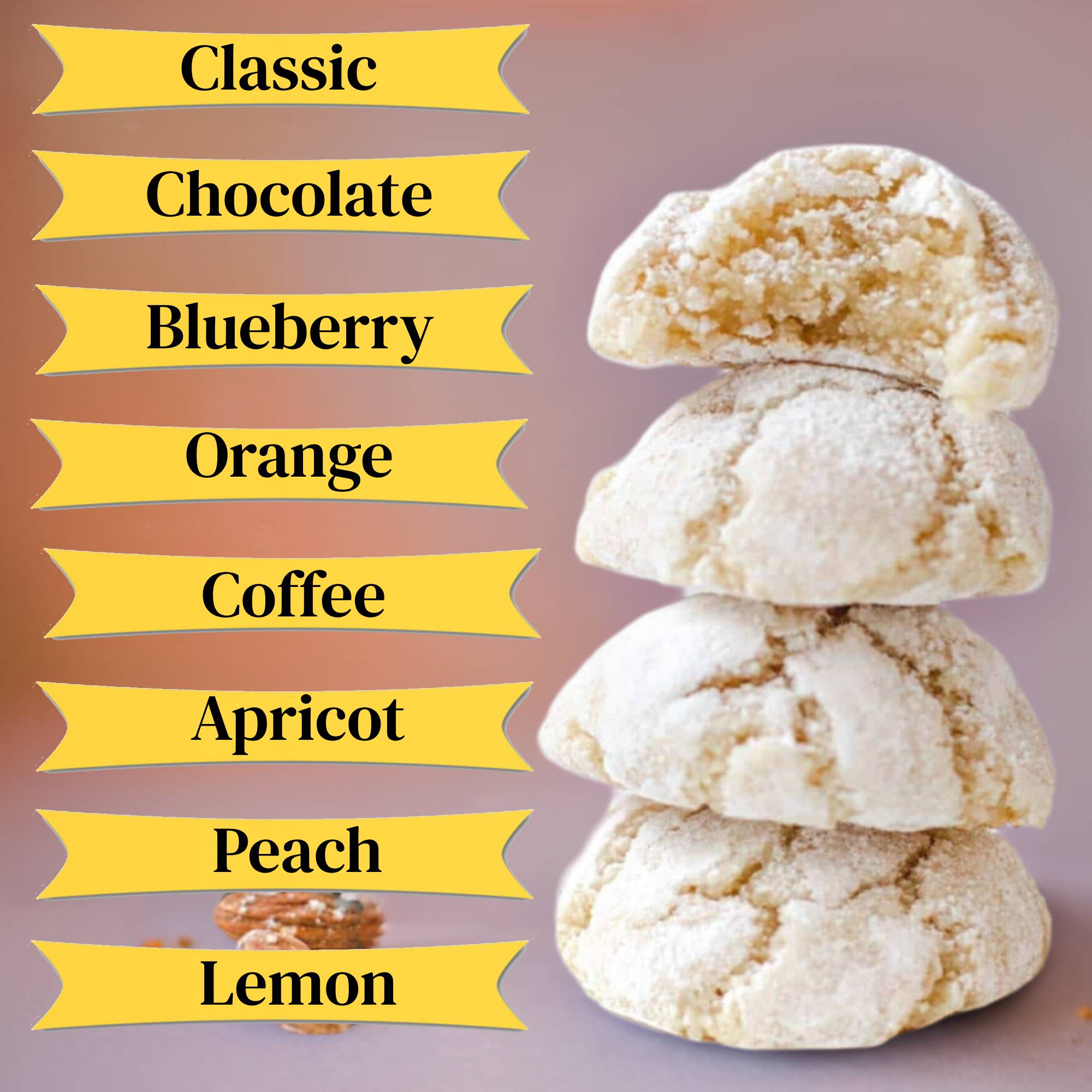 Andy Anand 20 pcs Italian Amaretti Almond Cookies, Gluten Free, Chocolate, Peach, Orange. 8 flavors, Baked in Italy, Italian Tradition: Freshly Baked Amaretti Biscuits