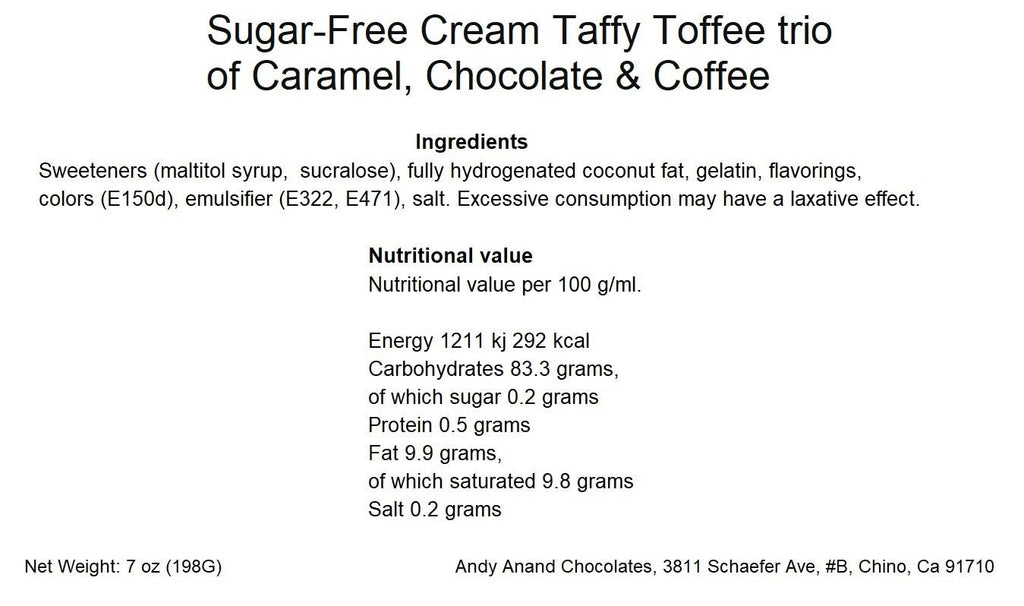 Andy Anand 33 pcs Sugar Free Cream Toffees trio of Caramel, Chocolate & Coffee, Sugar Free Creamy Taffy Candy for Diabetics - A Delicious and Healthy Treat 7 Oz
