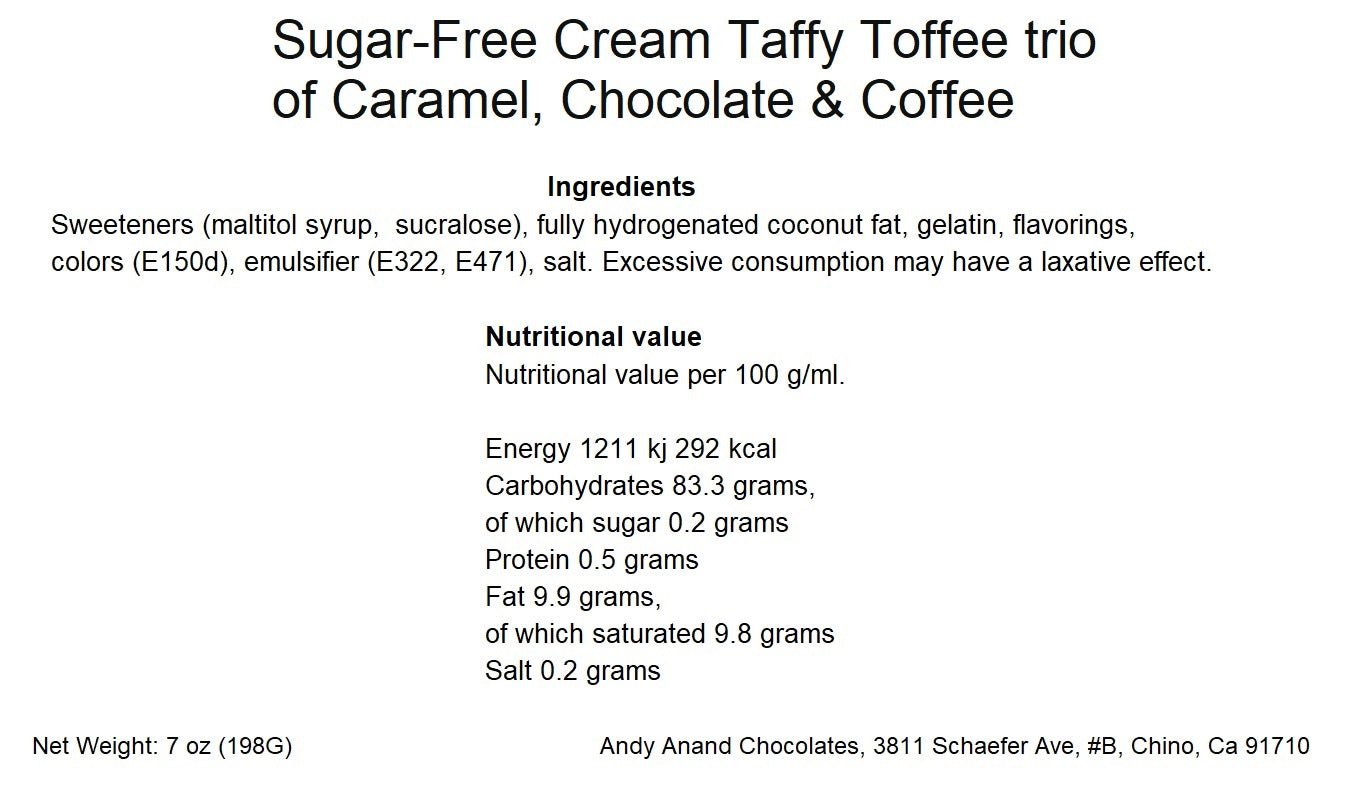 Andy Anand 33 pcs Sugar Free Cream Toffees trio of Caramel, Chocolate & Coffee, Sugar Free Creamy Taffy Candy for Diabetics - A Delicious and Healthy Treat 7 Oz