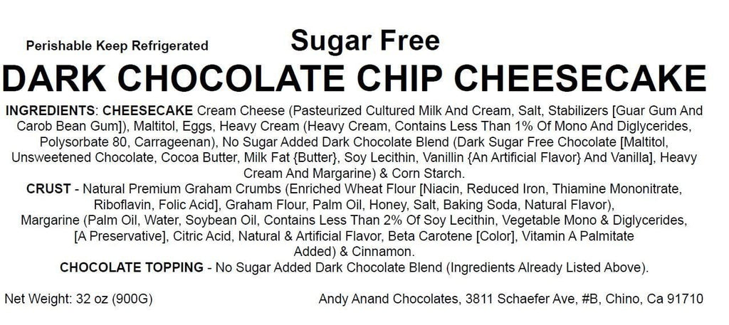 Andy Anand Sugar Free Dark Chocolate Chip Cheesecake 9” – Fresh Cream Cheese, Diabetic Friendly, Handmade, No Preservatives, 2.8 lb