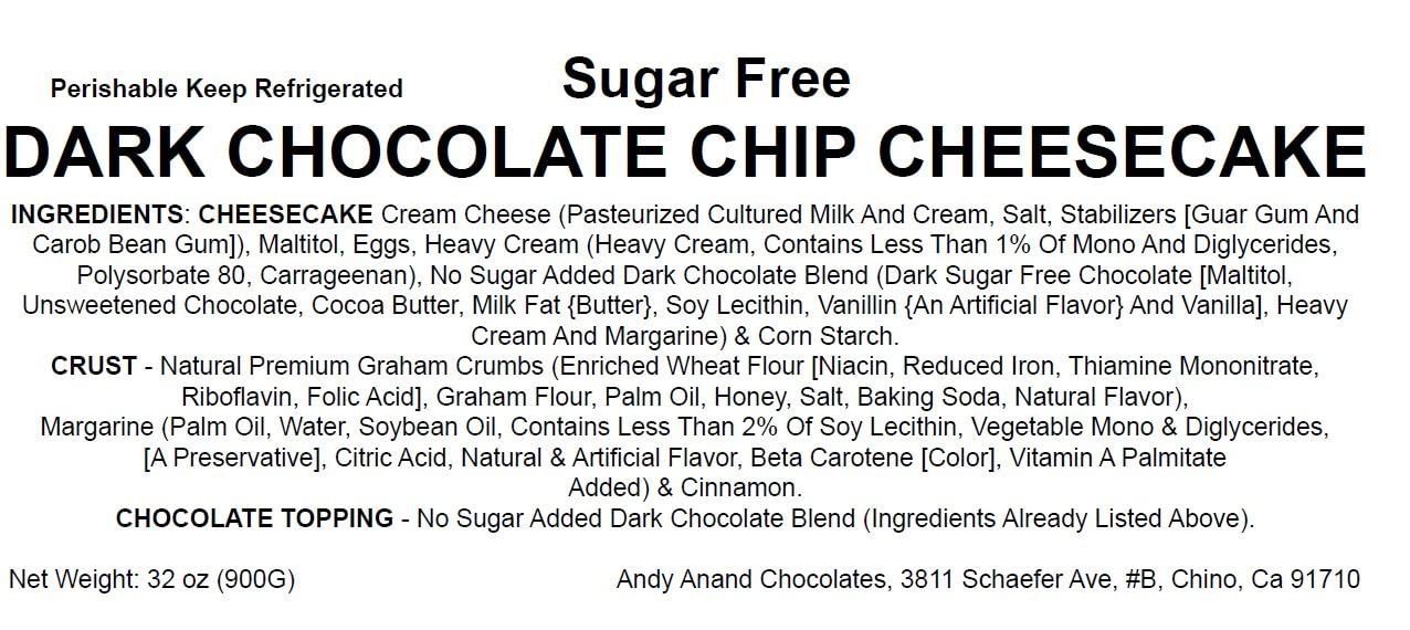 Andy Anand Sugar Free Dark Chocolate Chip Cheesecake 9” – Fresh Cream Cheese, Diabetic Friendly, Handmade, No Preservatives, 2.8 lb