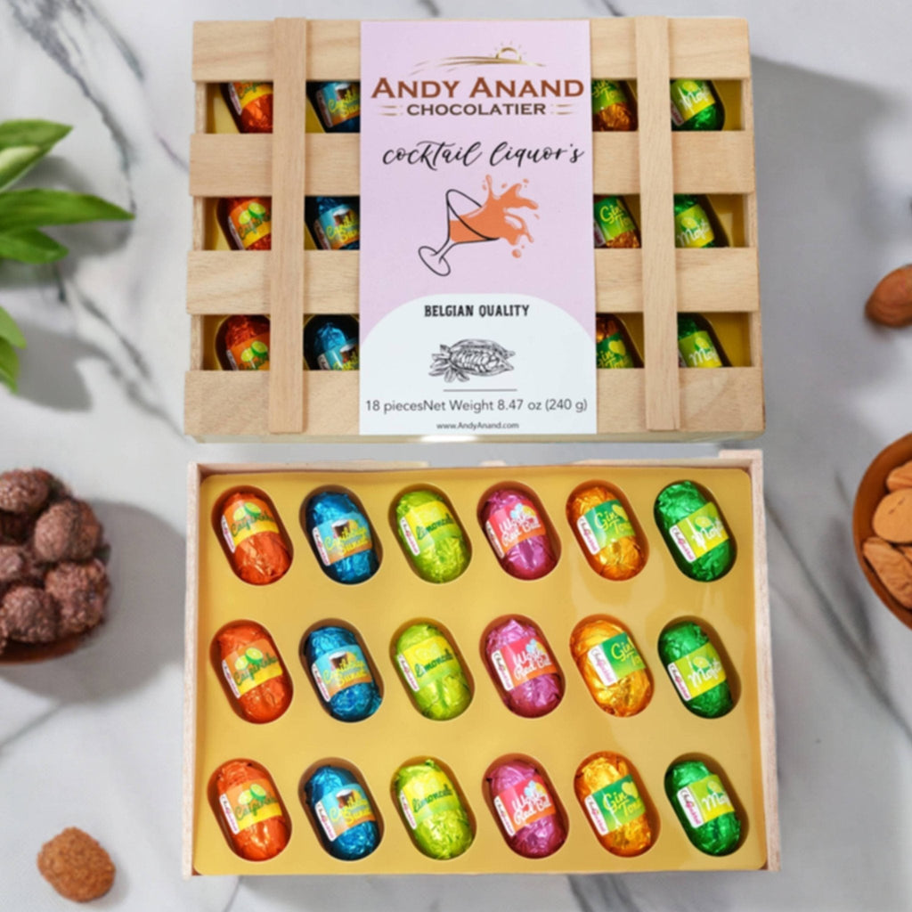 Andy Anand Cocktail Flavors, Six Unique, Non Alcoholic Vegan Chocolate Dark Chocolates, 18 Pieces, Crafted with 60% Cocoa Butter, Decadent