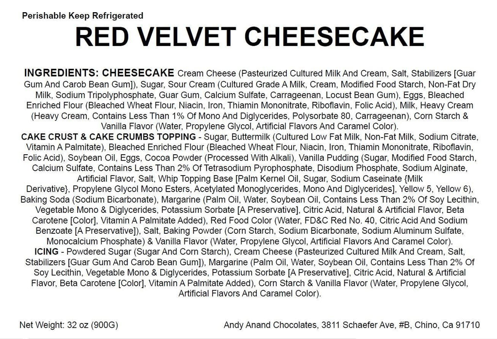 Andy Anand Red Velvet Cheesecake 9" Freshly Baked Classic Cheesecake - A Timeless Dessert for Any Occasion (2 lbs)