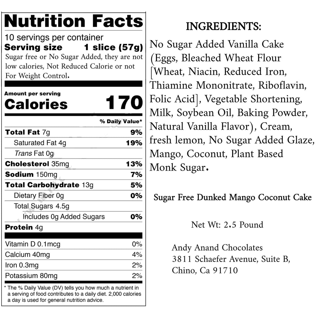 ANDY ANAND CHOCOLATIER Sugar Free Mango Coconut Cake, Enjoy the Amazing Taste of a Classic Cake Without the Sugar, Dunked in Fresh Mango Puree, Traditional Recipe and Perfect for Guilt Free Celebrations (2.5 lb)