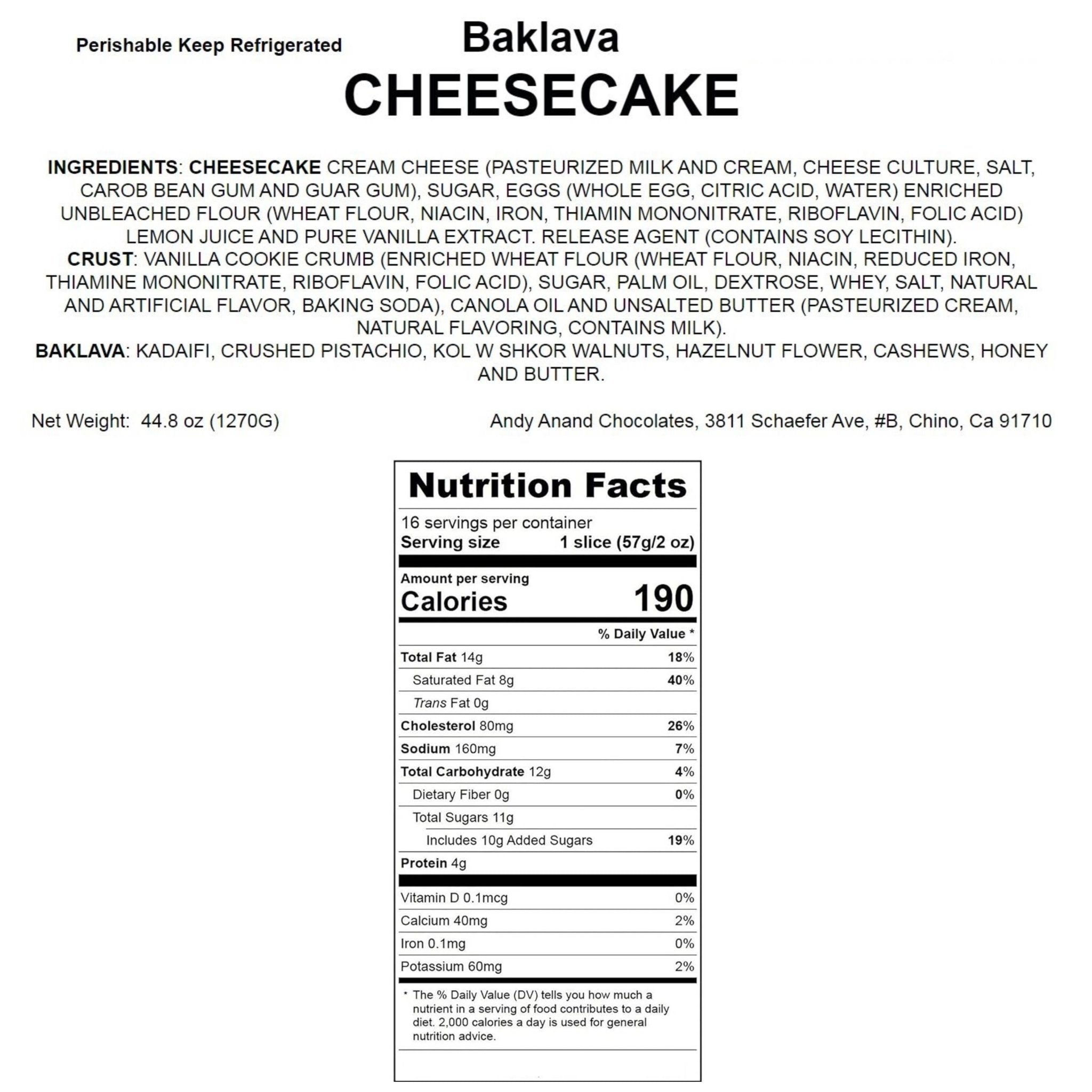Andy Anand's Exquisite Baklava Cheesecake: Classic Cheese Cake: A Delicious Dessert Option for Any Occasion (9-inch, 2.8 lbs)