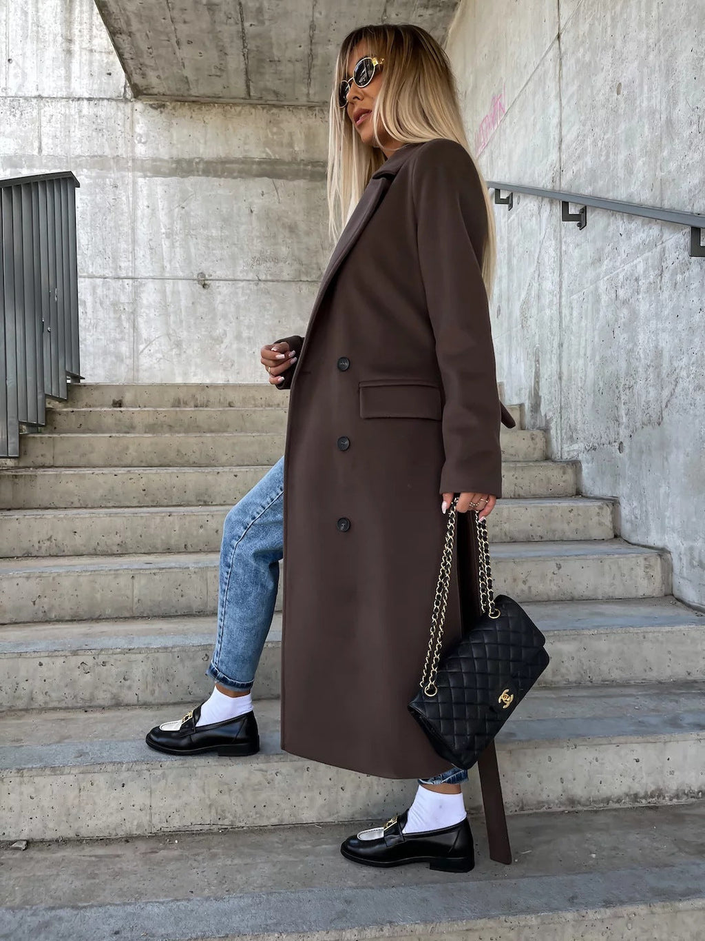 Double-breasted Lapel Split Jacket With Belt Winter Fashion Casual Long Sleeve Button Daily Coats For Women Clothing