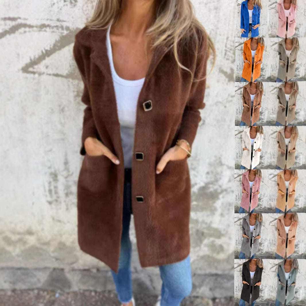 Single-breasted Polo Collar Pocket Mid-length Coat