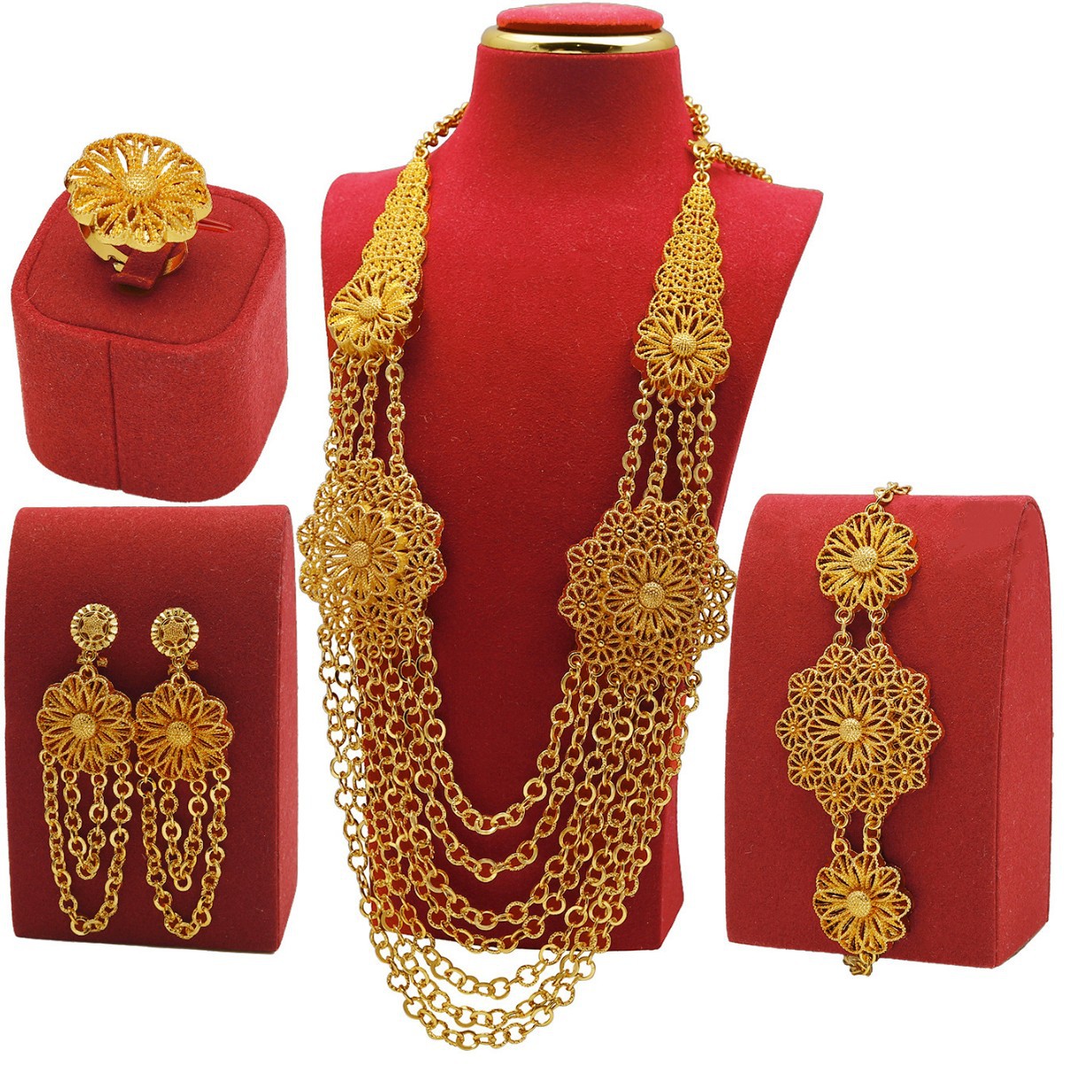 24K Gold Flower Necklace Earring Ring Bracelet Set