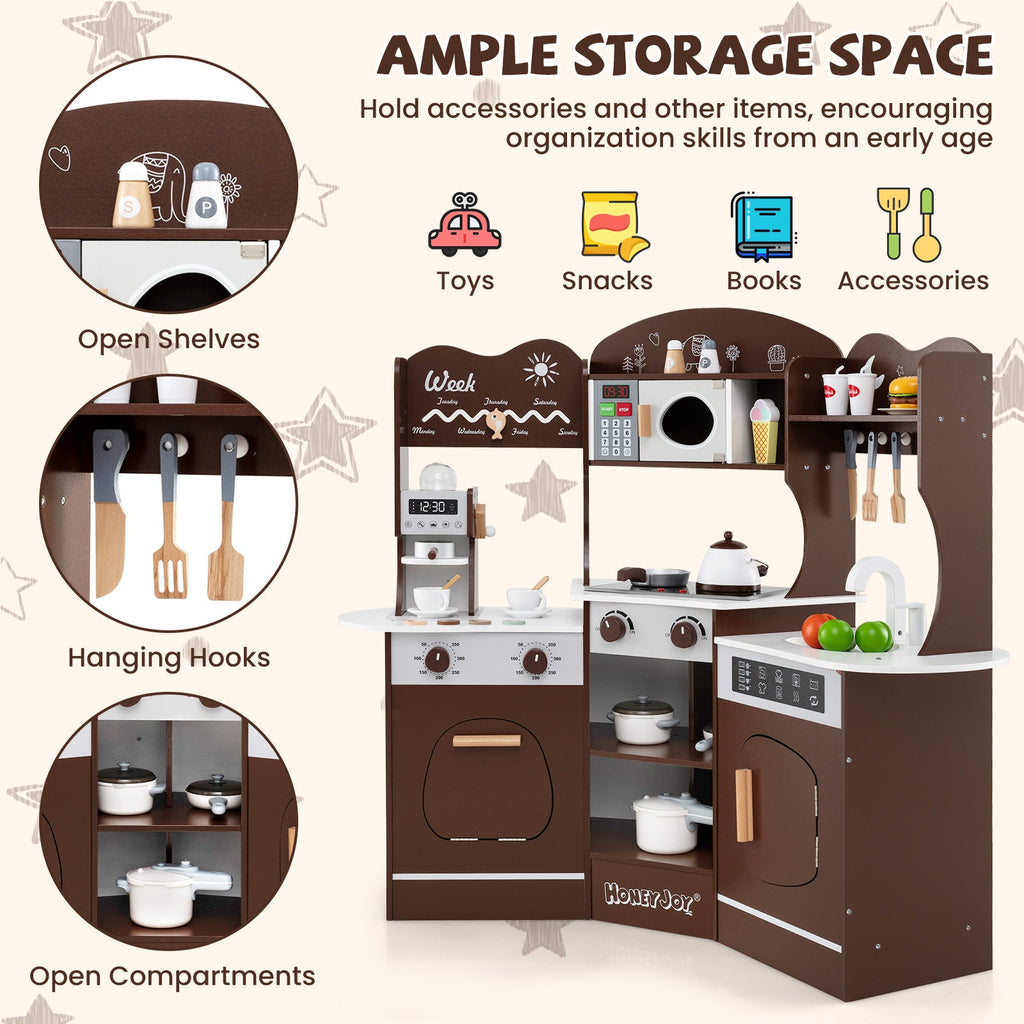 Corner Wooden Play Kitchen with Coffee Machine and Slide for Kids-Brown