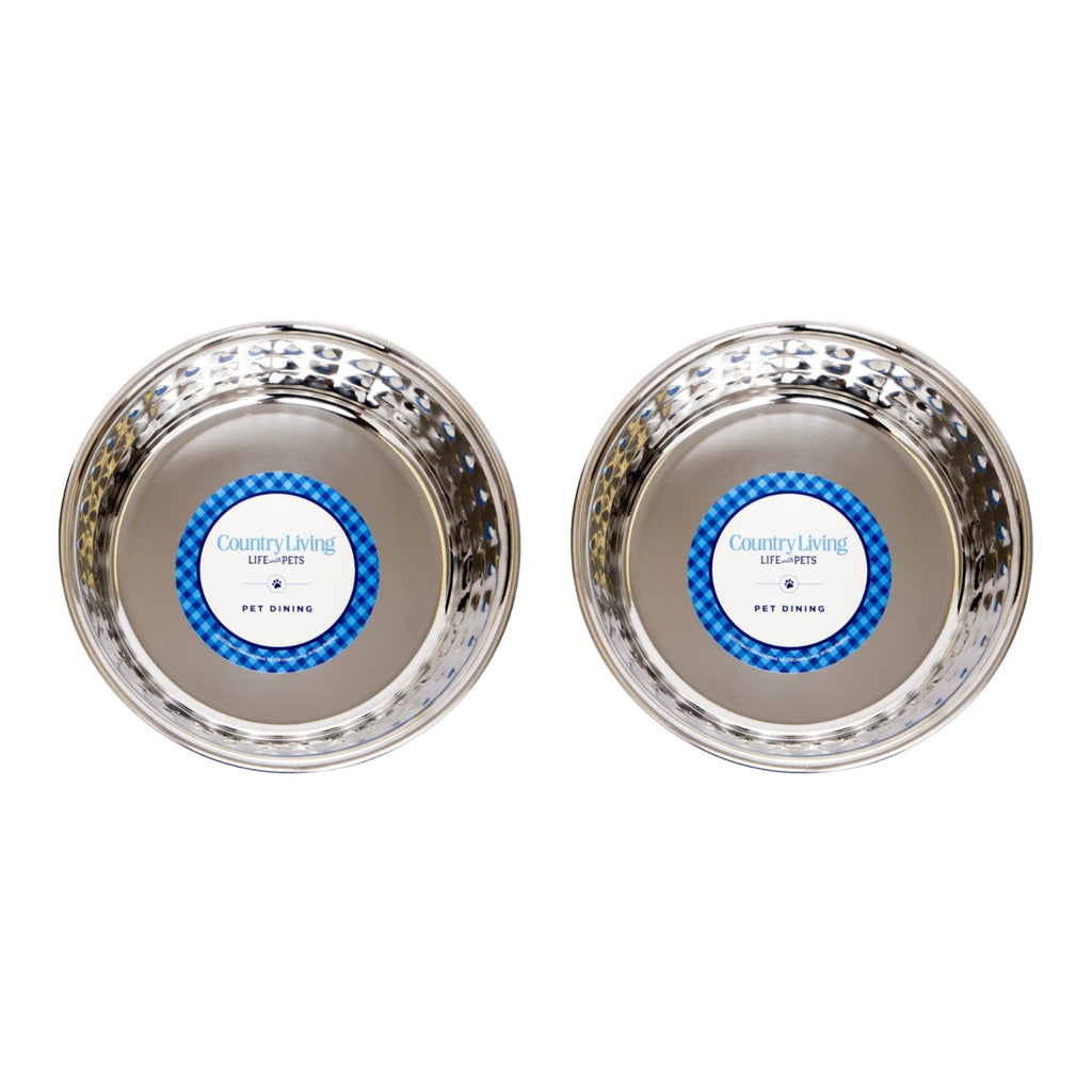 Country Living Set of 2 Hammered Stainless Steel Dog Bowls – Ideal for Extra Large Breeds – Rose Quartz/64oz