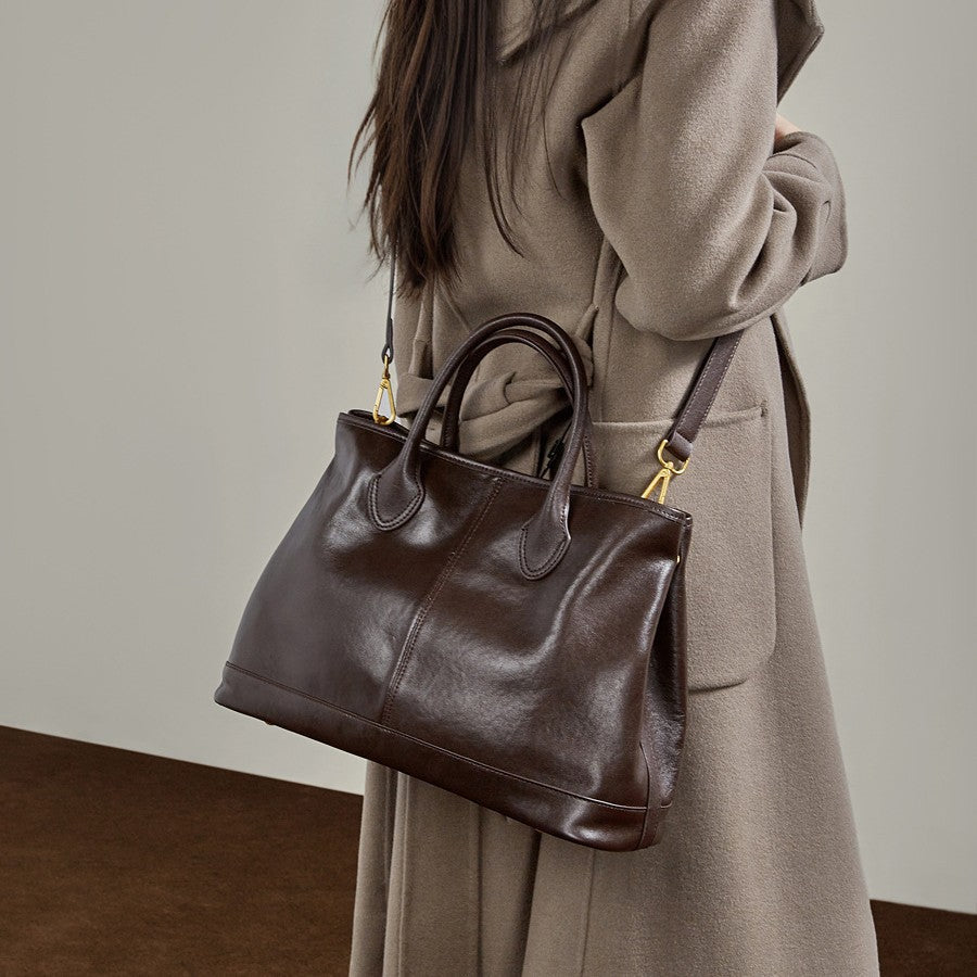 Simple High-Capacity Top-Grain Leather ToteCrossbody Bag For Women