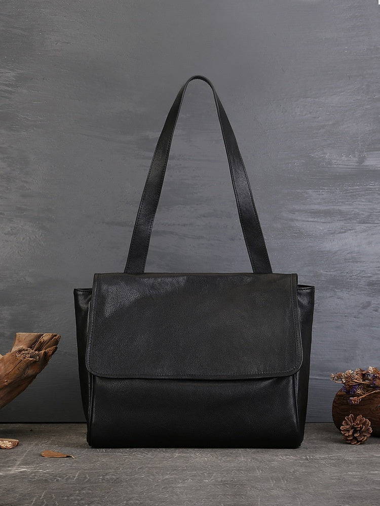 Solid Color Cowhide Tote Bag Simple Commute Shoulder Messenger Bag For Women