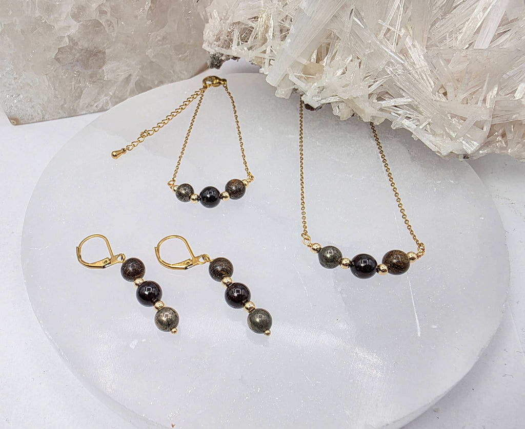 STAY IN MY POWER - Pyrite, Bronzite, Garnet Jewelry Set