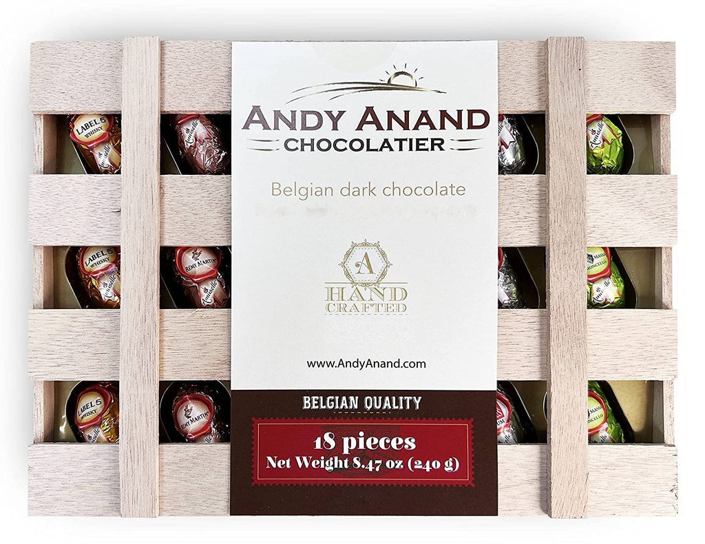 Andy Anand Vegan European Liqueur Dark Chocolate Bottles Cordials – Non-Alcoholic Cordials Assortment, Premium 60% Chocolate (Cocoa Butter) Gift Box, 18 Count