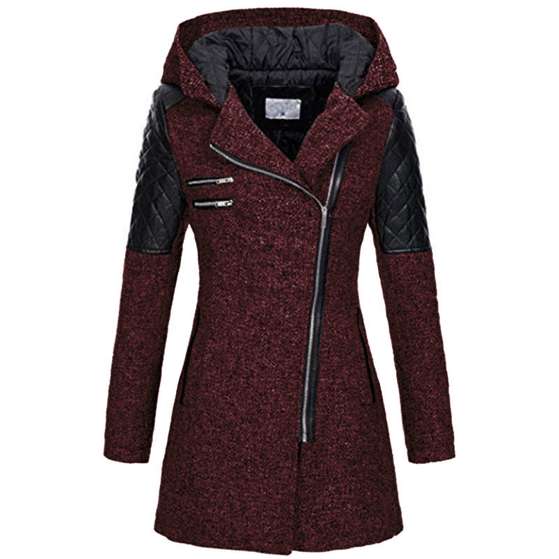 Women Warm Slim Full Zipper Coat Thick Woolen Coat Female Fall Winter Windbreaker Hooded Diagonal Zipper Women's Clothing