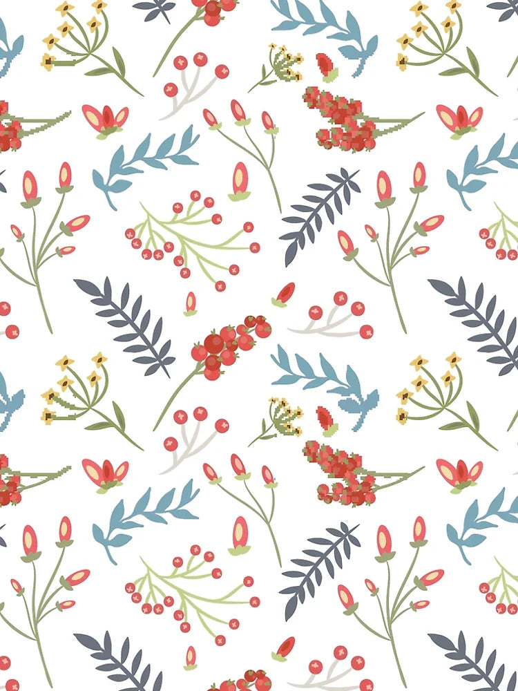 Red berries on white with green blue foliage
