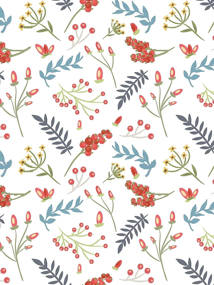Red berries on white with green blue foliage
