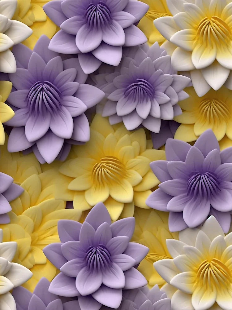Graceful Serenity: 3D White, Yellow, and Purple Water Lilies Floral Pattern