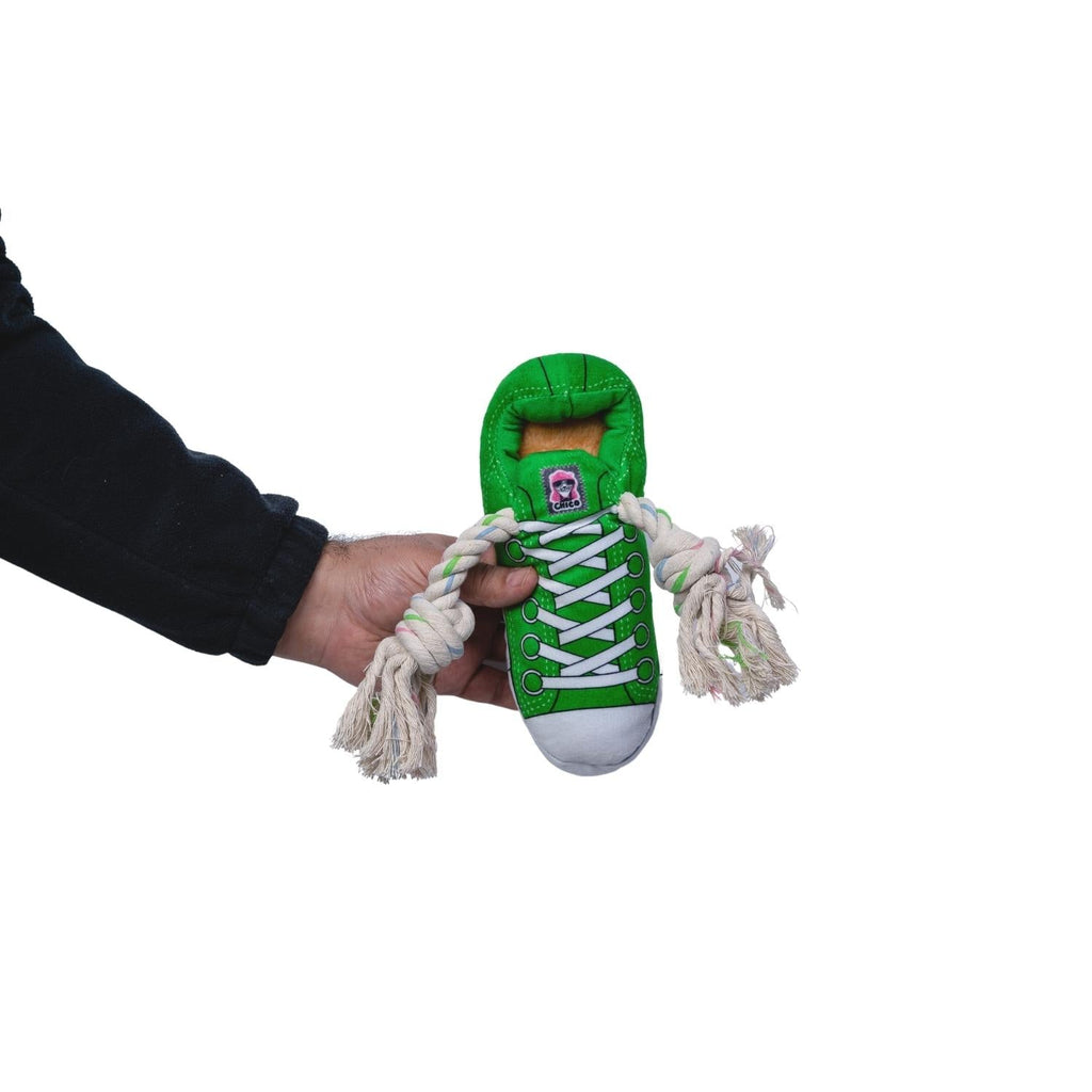 Squeaky Comfort Plush Sneaker Dog Toy – with Treat Compartment, Safe & Durable – Green