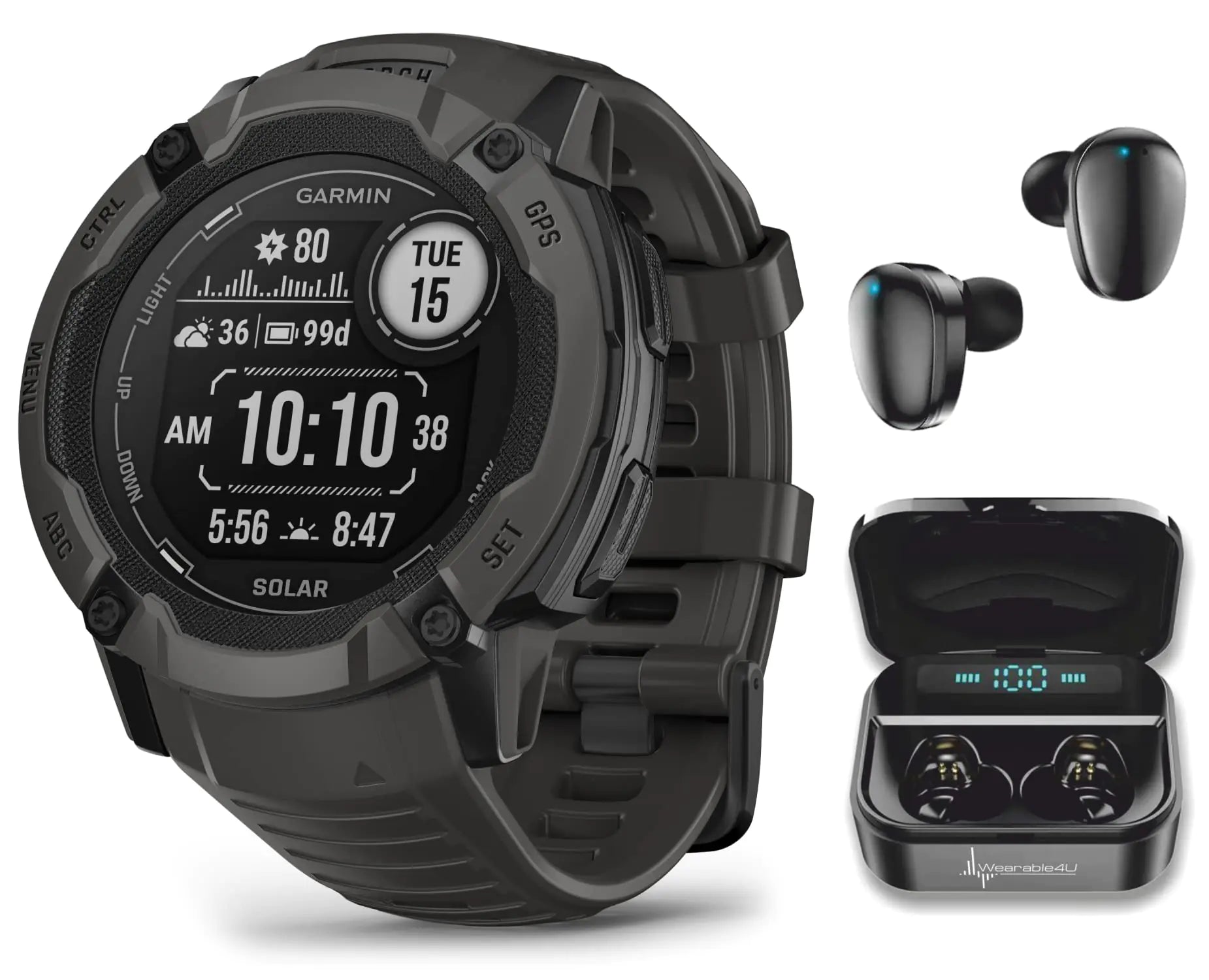 Wearable4U Garmin Instinct 2X Solar Rugged 50 mm GPS Smartwatch Graphite with Power Glass Lens LED Flashlight Black Earbuds Bundle