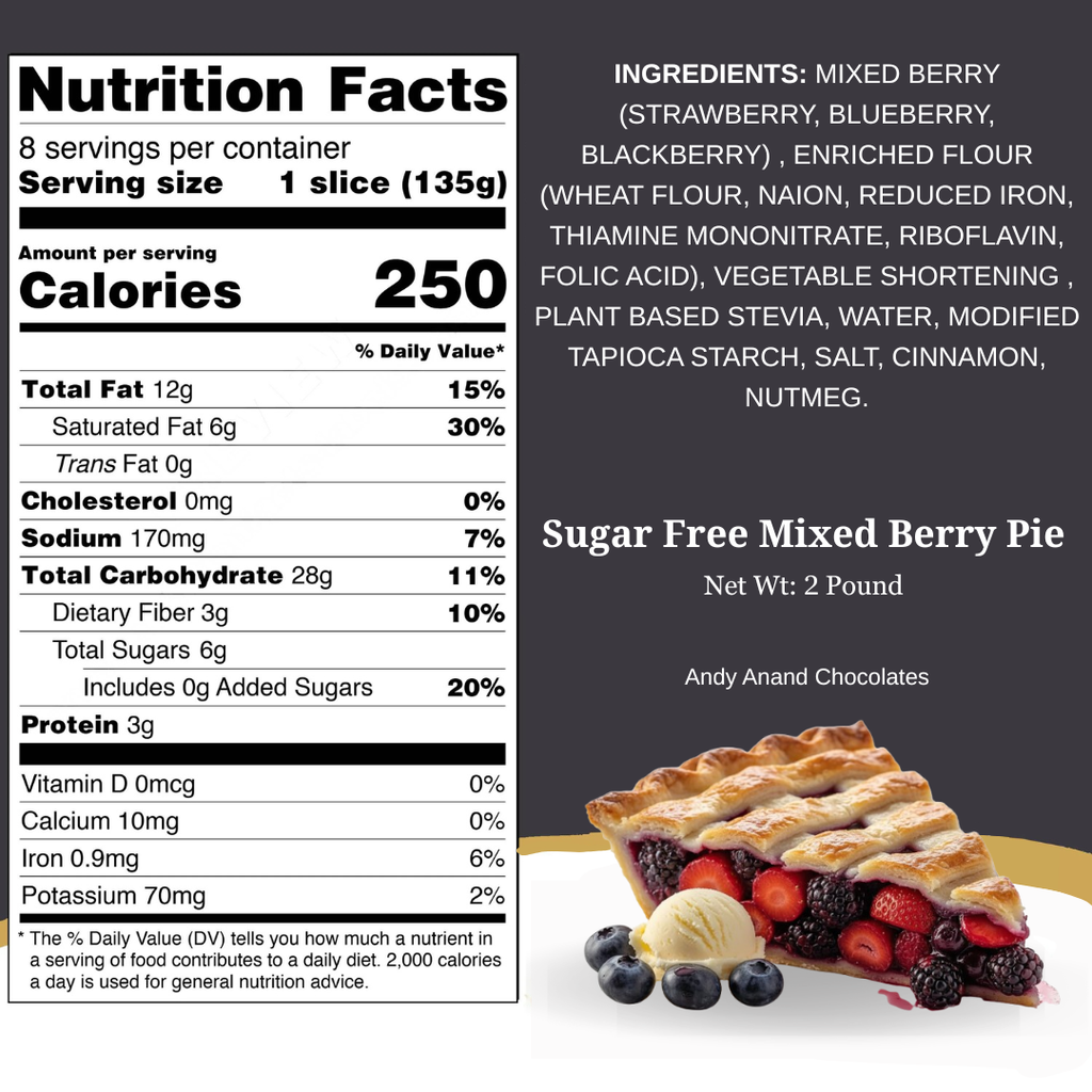 Andy Anand Sugar-Free Mixed Berry Pie, 2.6  lbs - Handcrafted Strawberries, Blueberries & Blackberries - Freshly Baked, Guilt-Free Dessert in Reusable Serving Tray - Perfect for Birthdays & Holidays