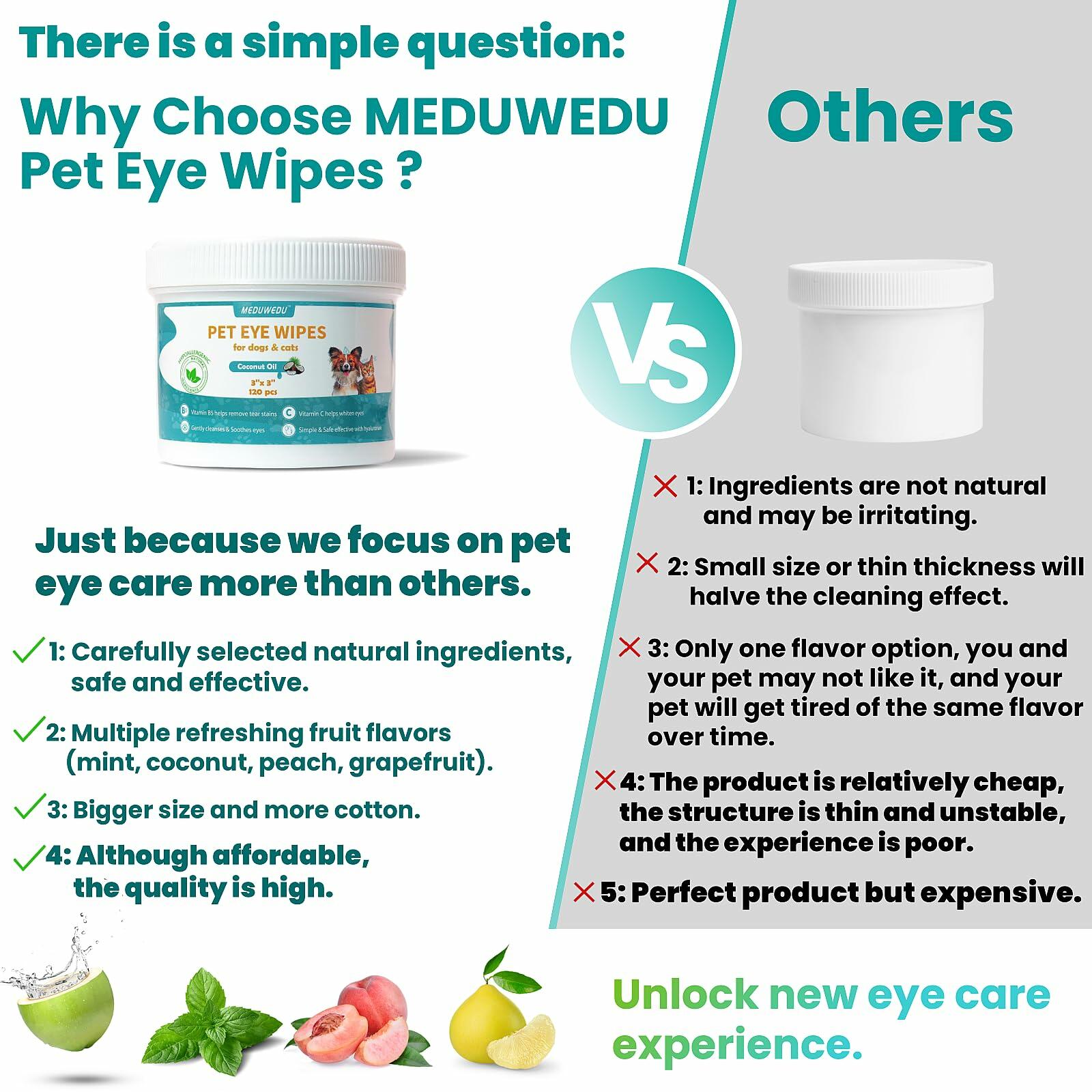 BestBy09/26 MEDUWEDU Dog & Cat Eye Wipes 120 Count Peach Scent Grooming Care
