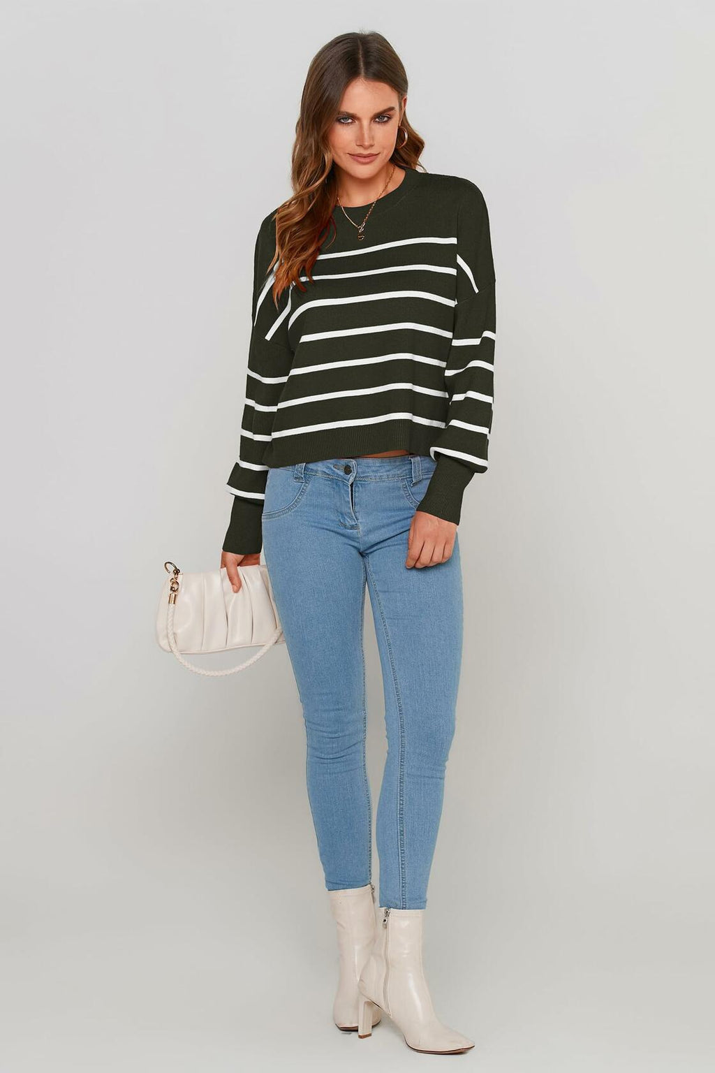 PRETTYGARDEN Women's White Fall Cropped Striped Sweater Oversized Size L