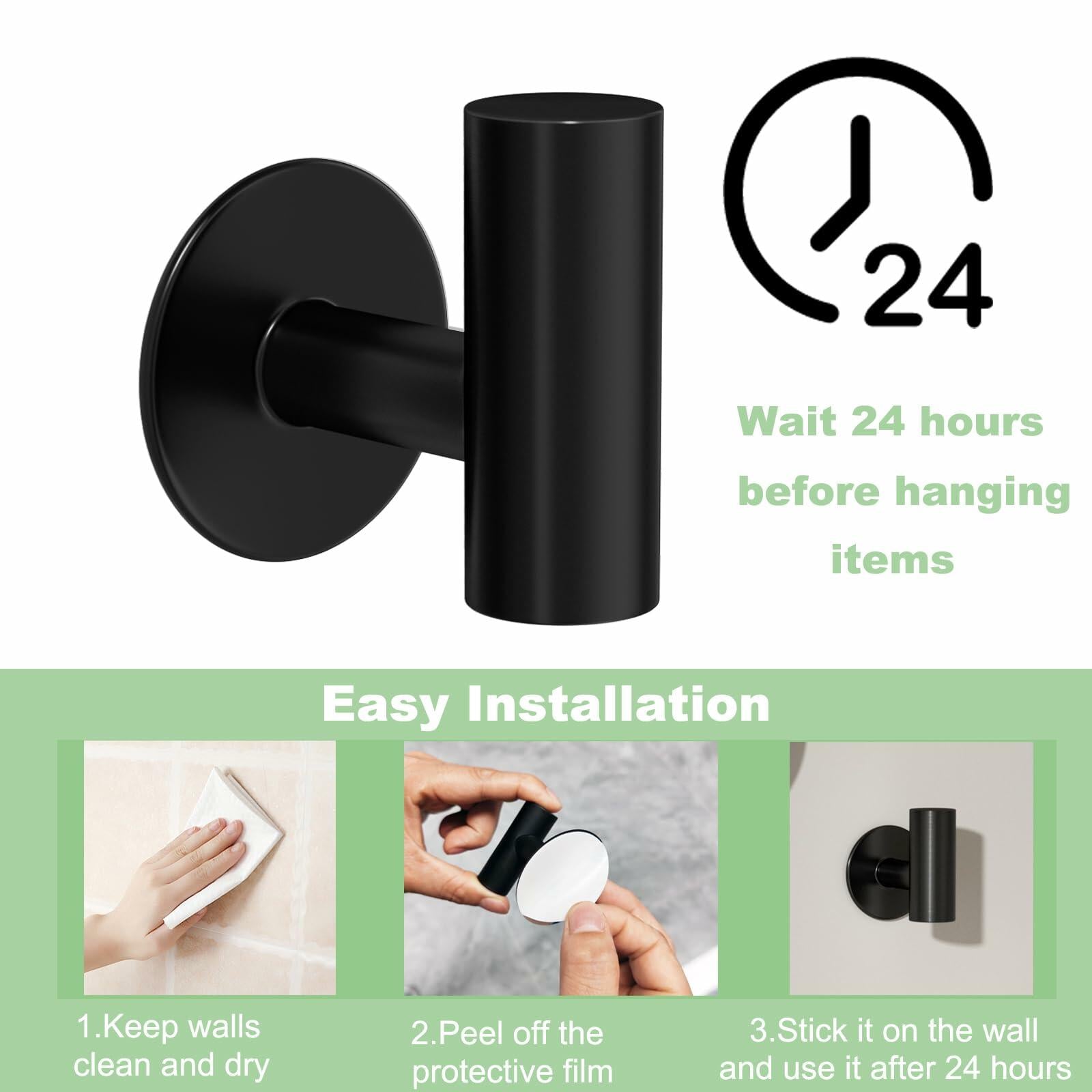 2 Pack Matte Black Stainless Steel Towel Hooks Waterproof Heavy Duty