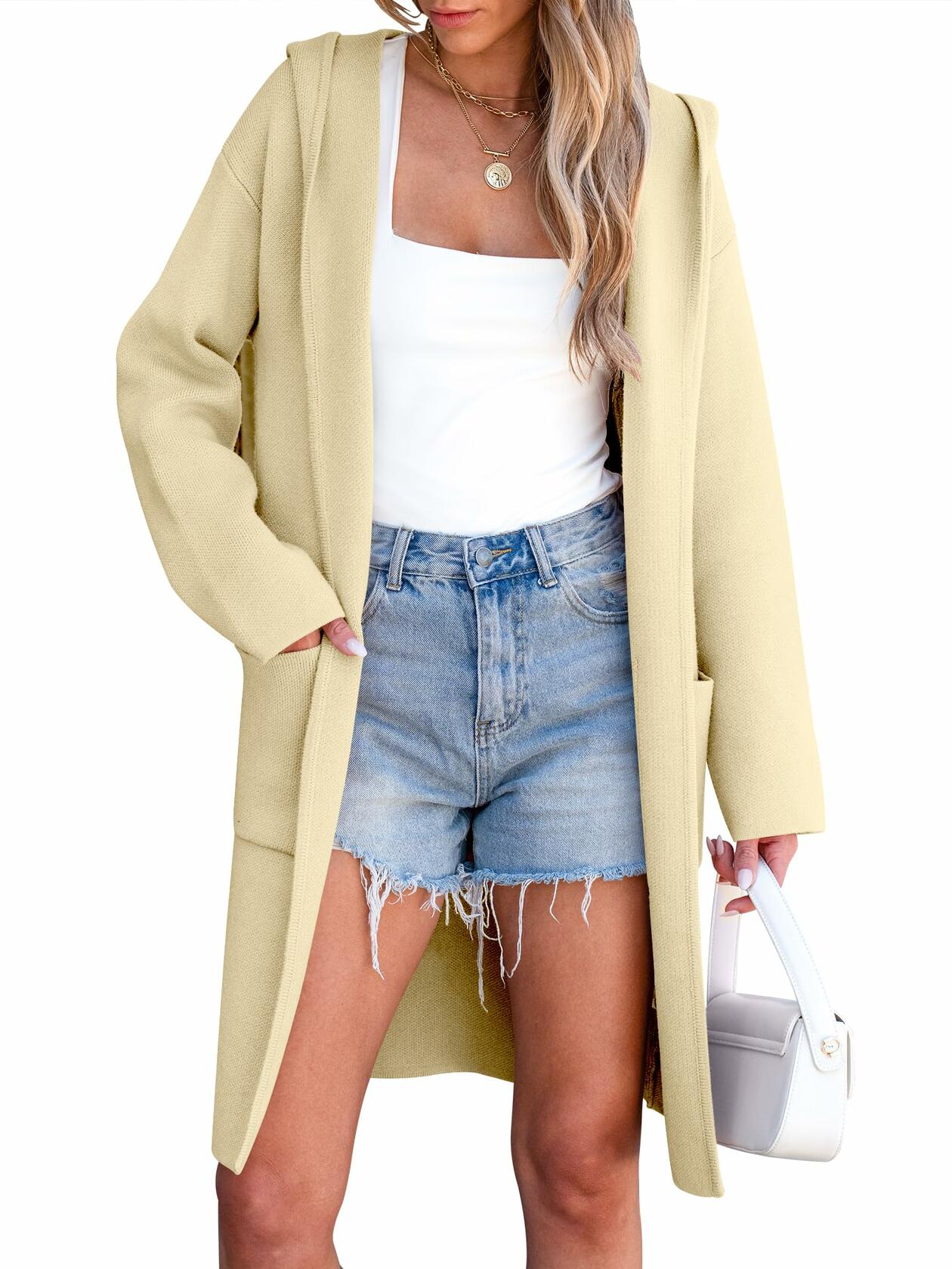 ANRABESS Women Cardigan Open Front Knit Hoodie Sweater Coatigan XS Beige