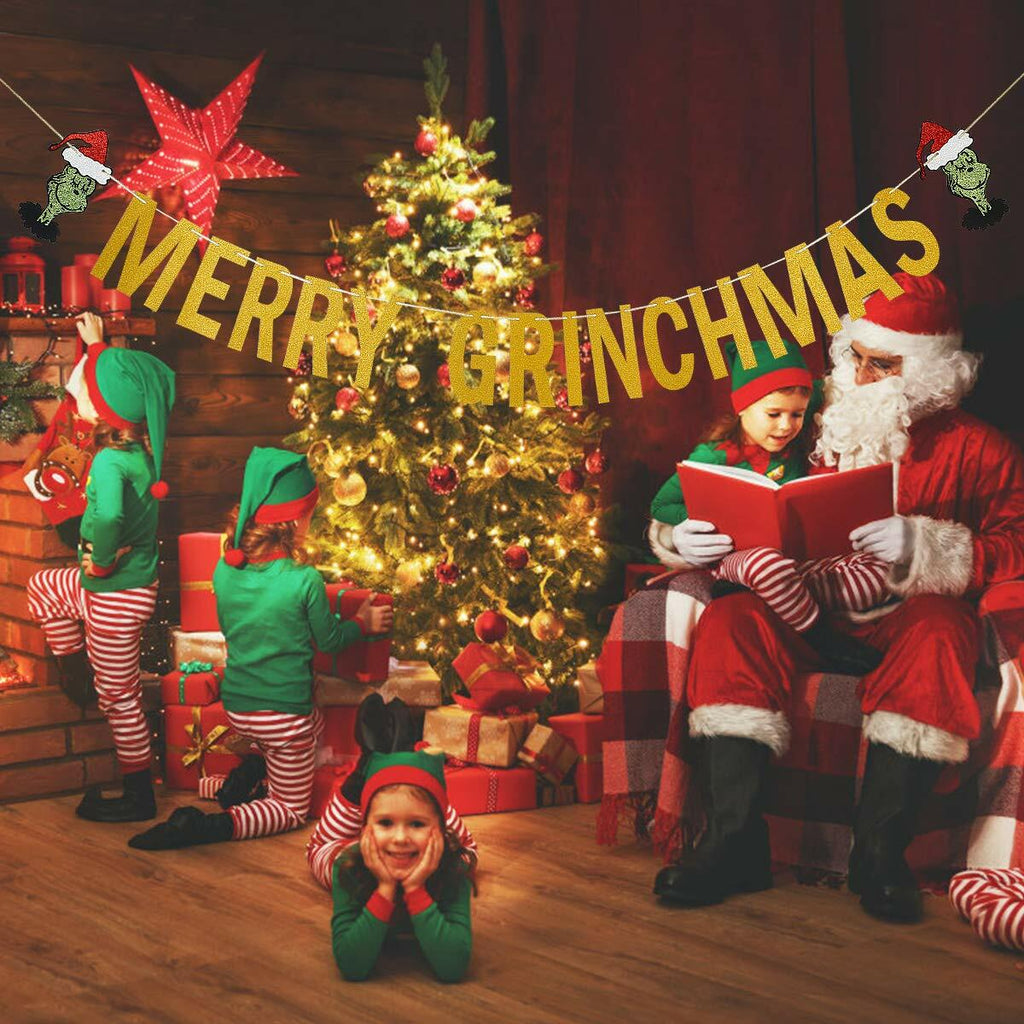 Gold Merry Christmas Banner Holiday Decoration Whoville Xmas Banners