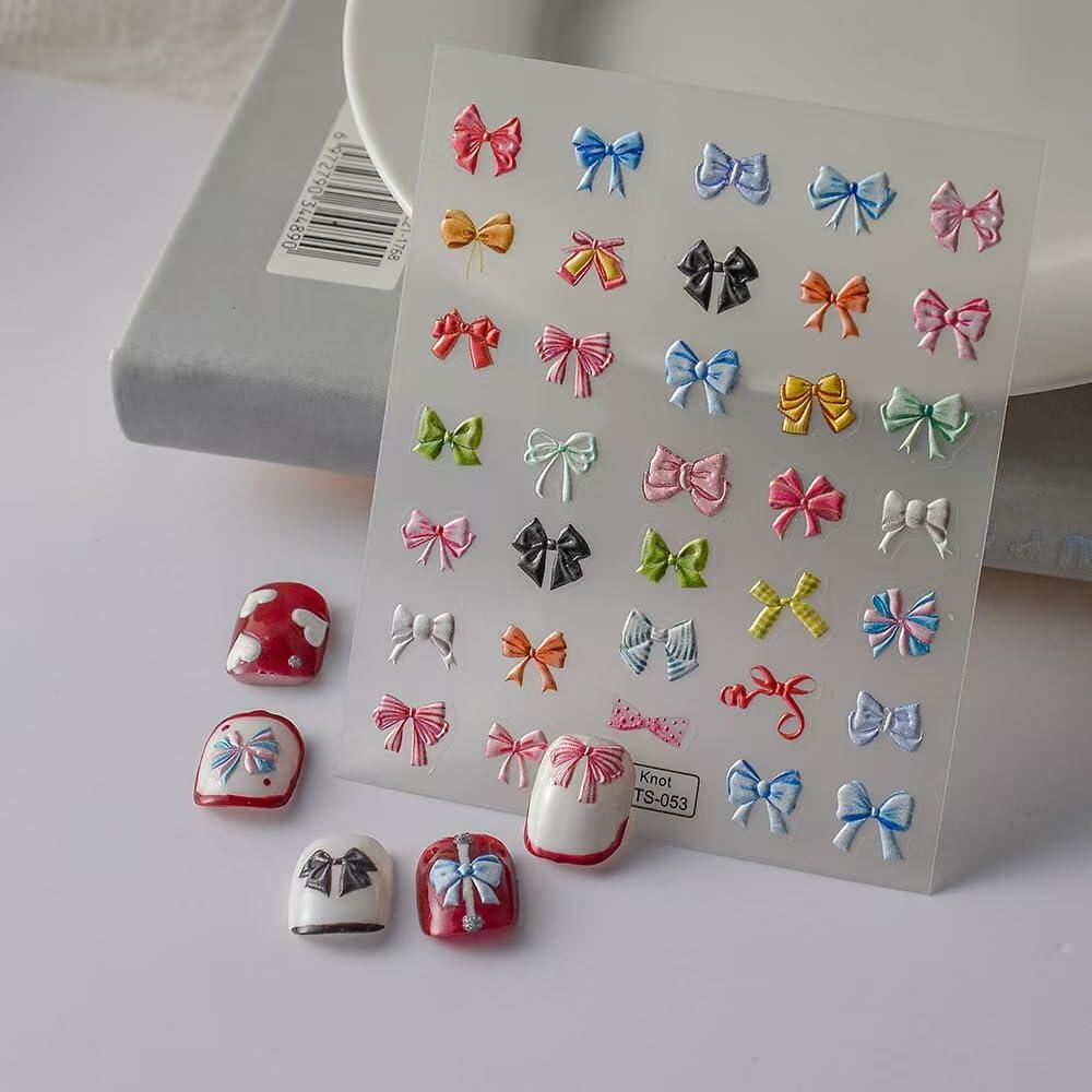 Tisaindor 5D Embossed Bow Nail Art Stickers 3 Sheets Colorful Self Adhesive
