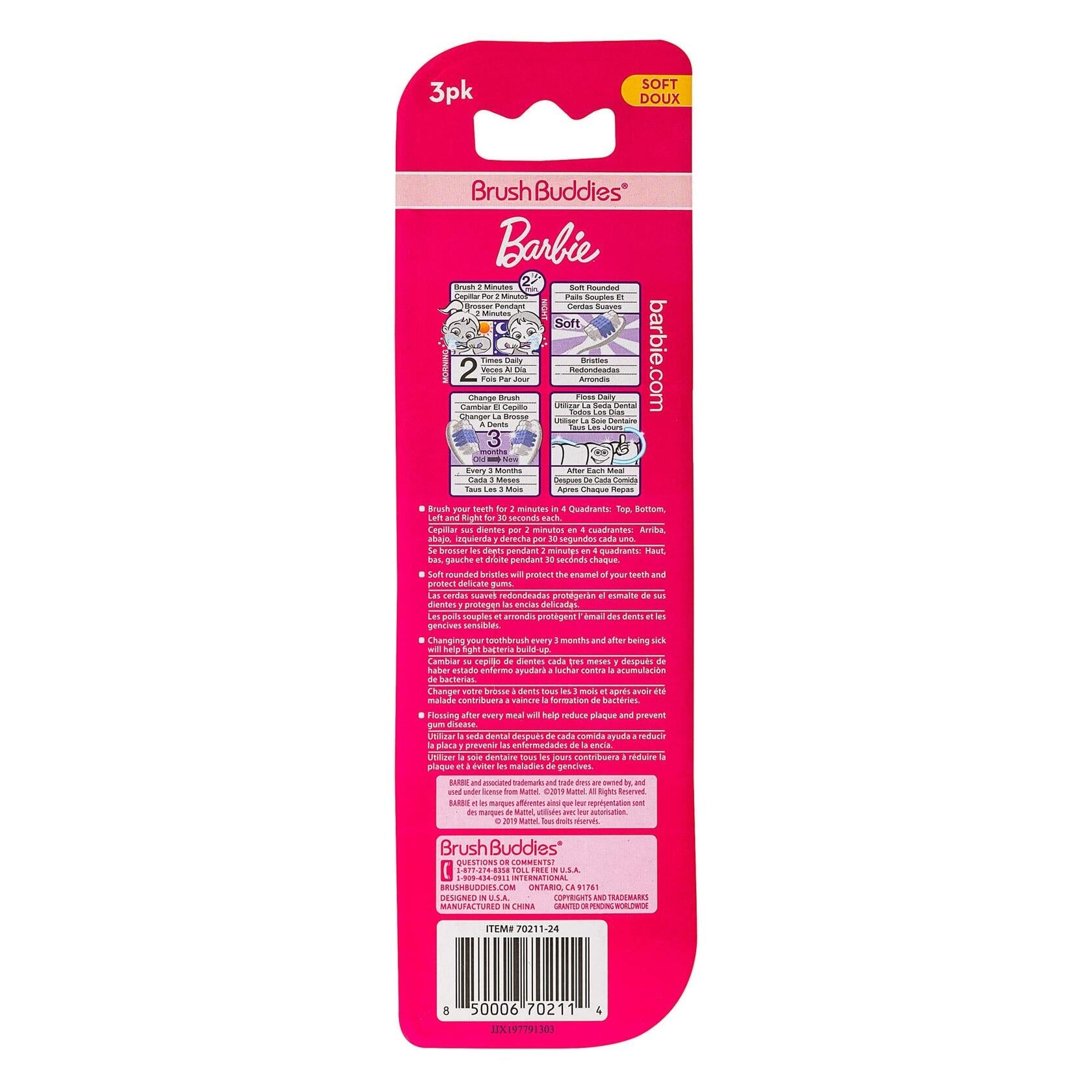 Brush Buddies Barbie Kids Toothbrush 3 Pack Soft Bristle Multi-Colored