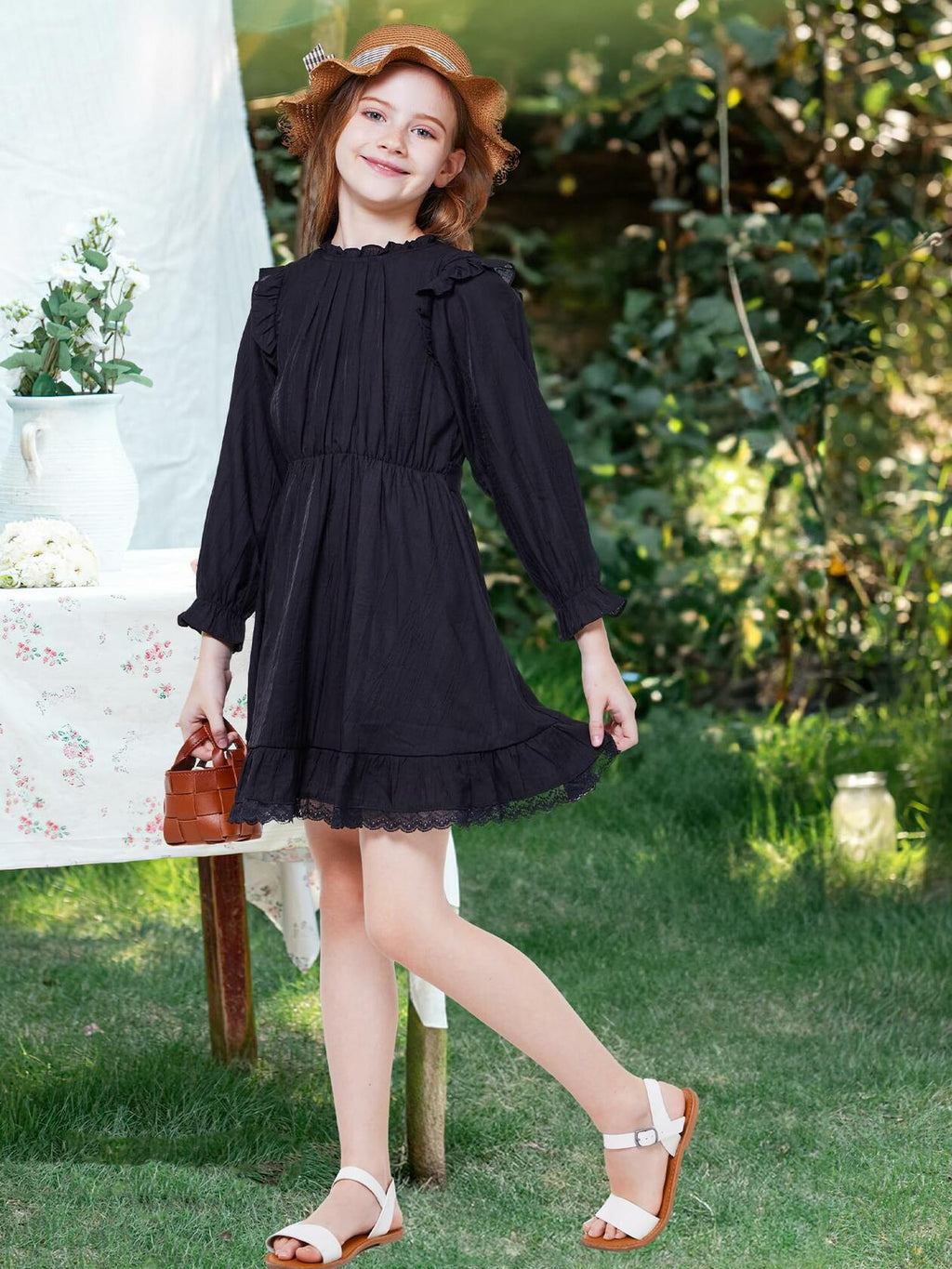 WULFUL Girls Long Sleeve A-line Belted Dress Navy Size 11-12