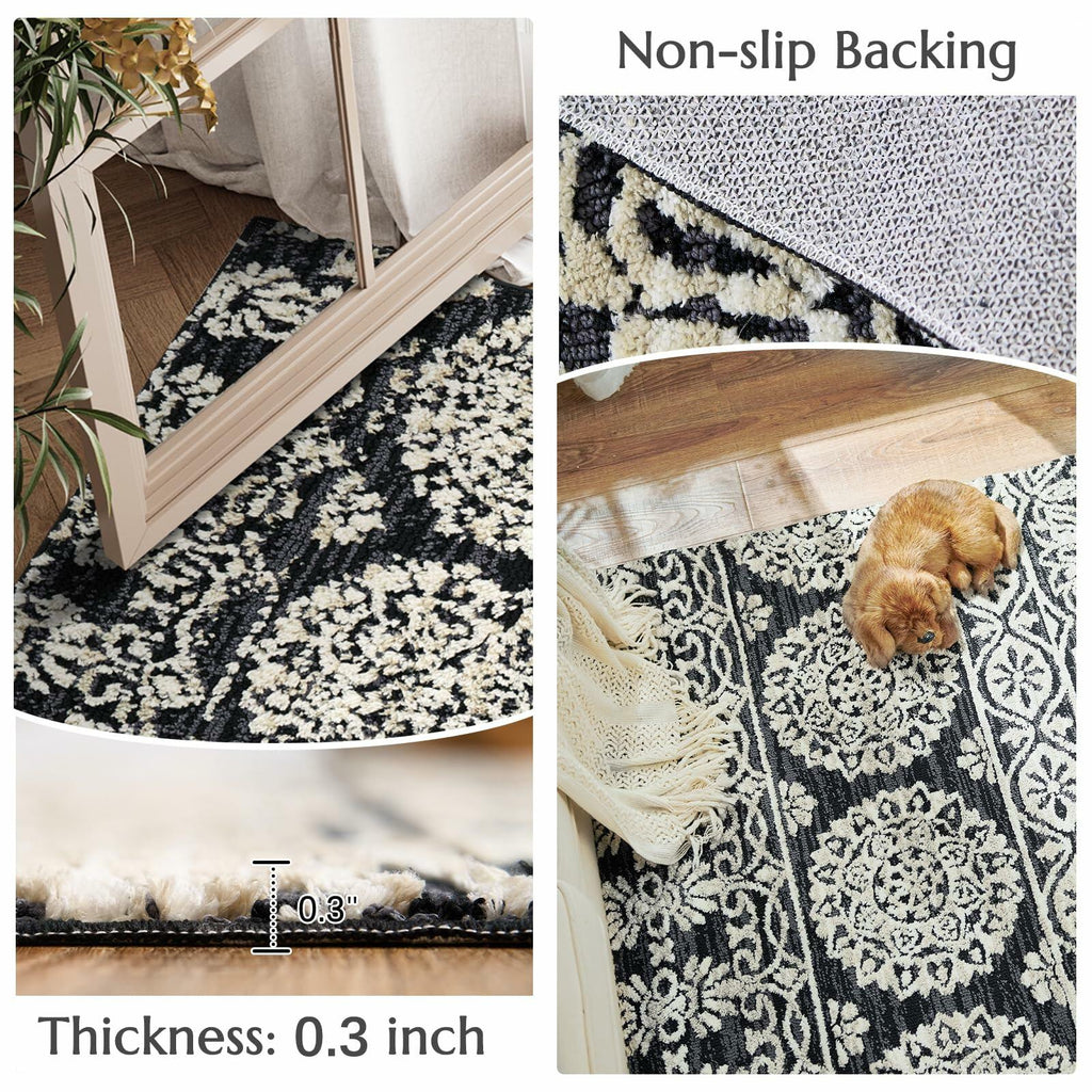 jinchan Boho Area Rug 4x6 Machine Loomed Vintage Floral Black White
