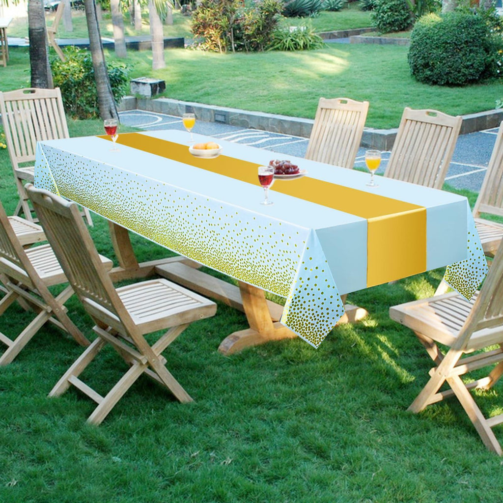 WDF 16Pack Blue Gold Plastic Tablecloths 54x108in & Runners 12x108in