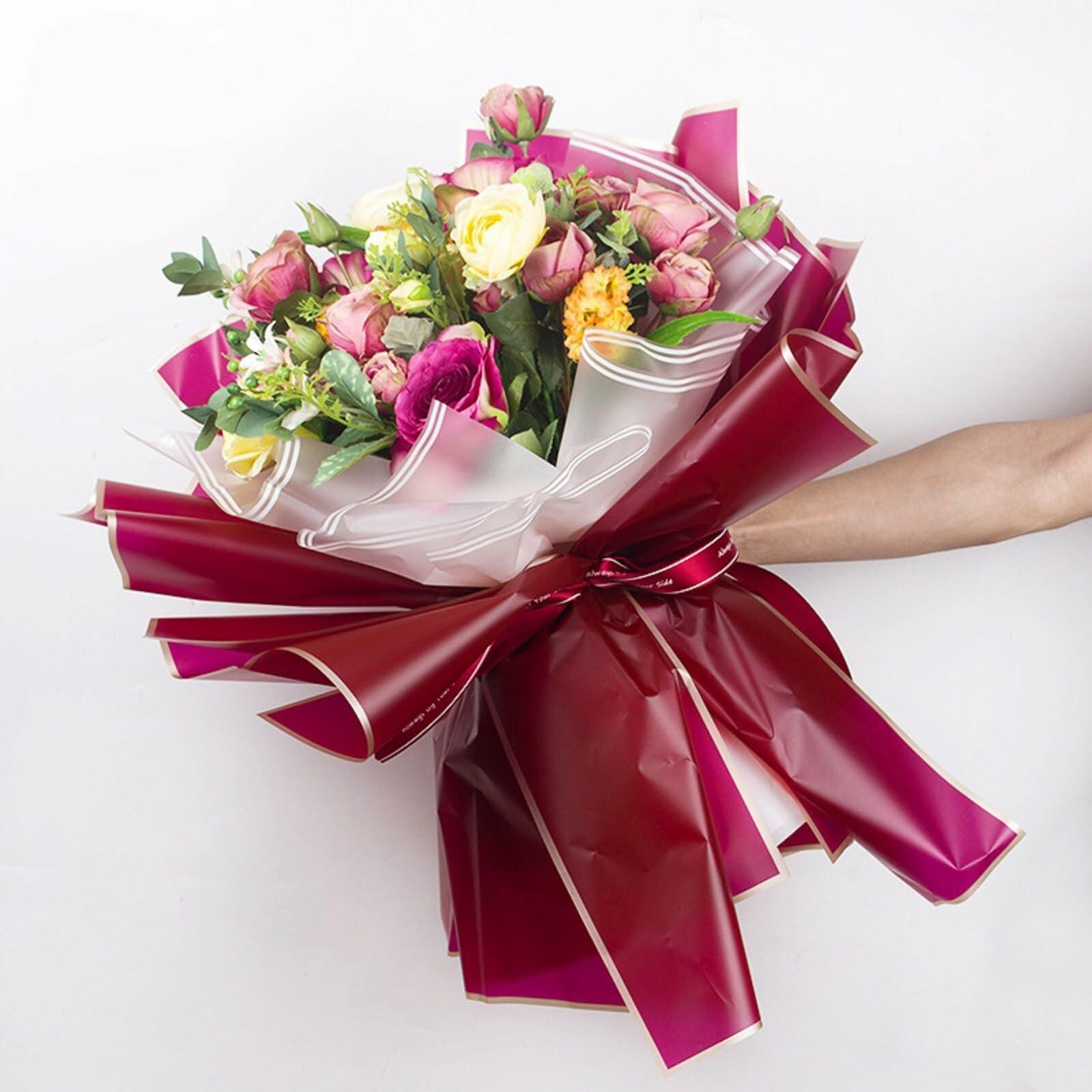 Tenare 36pcs Waterproof Flower Wrapping Paper & 50yd Satin Ribbon Red