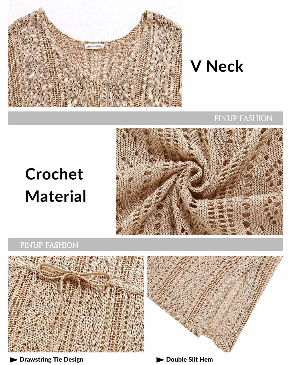 Pinup Fashion Crochet Bathing Suit Cover Up V Neck Apricot Size XXL