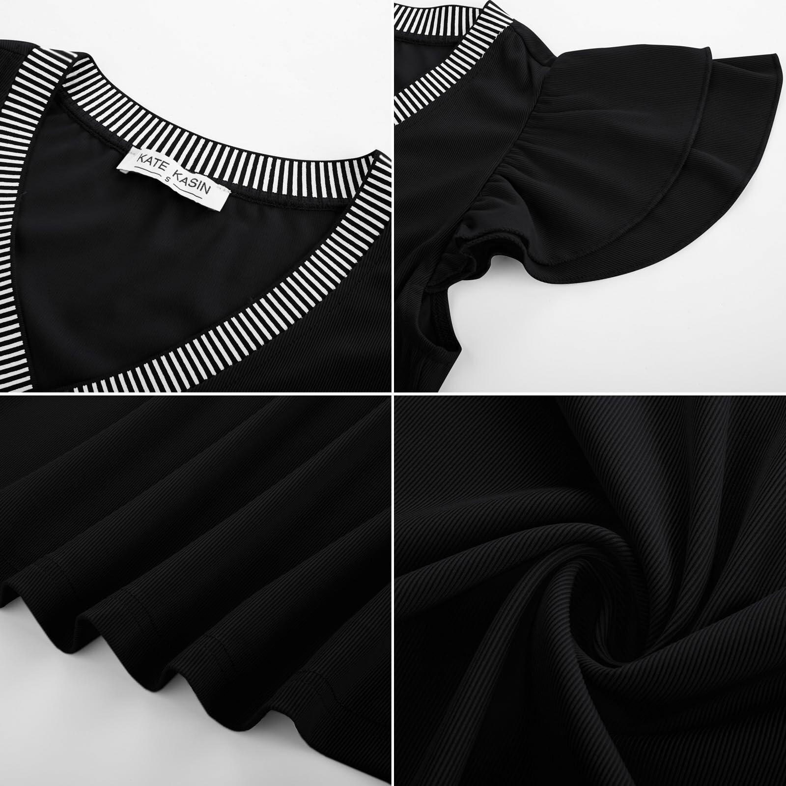 Womens Ruffle Sleeve V Neck Fitted Blouse Top Black Size 2XL