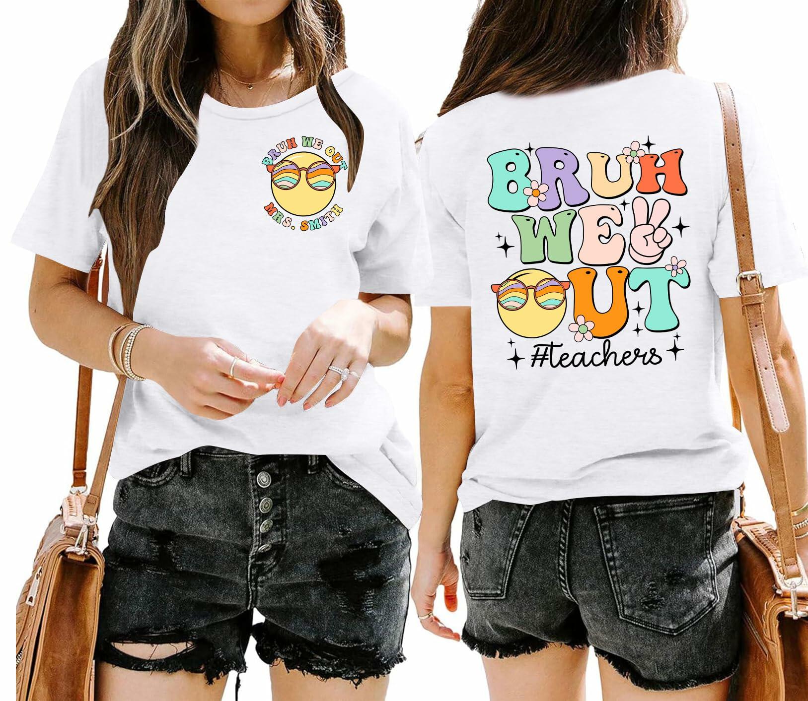 Teacher Shirts Women Last Day of School Bruh Letter Print Casual White Size L