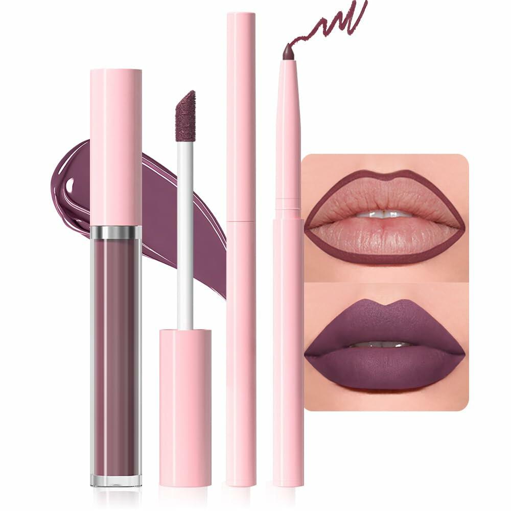BestBy08/27 evpct Lip Liner Pencil & Lip Gloss Set Plum Purple 06#