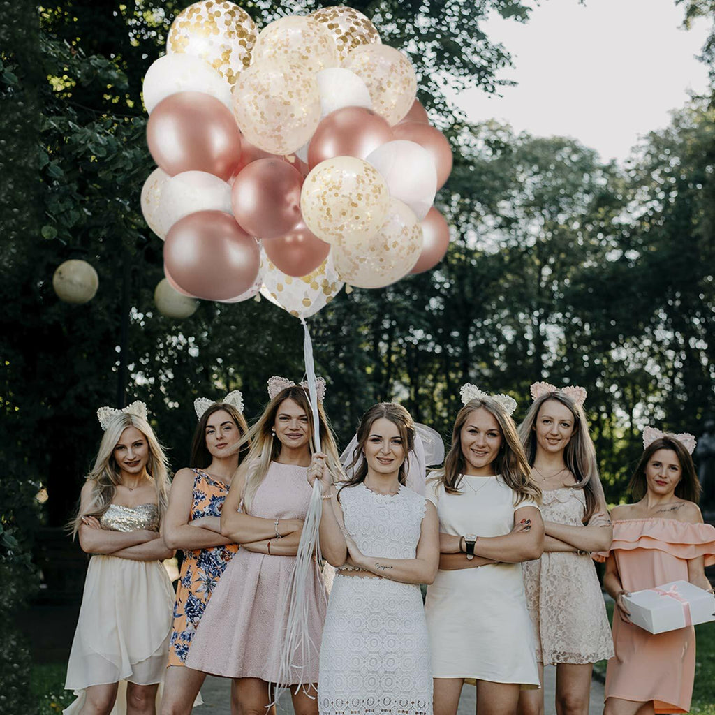 Dandy Decor 60 Pack 12in Rose Gold White Confetti Balloons with Ribbon