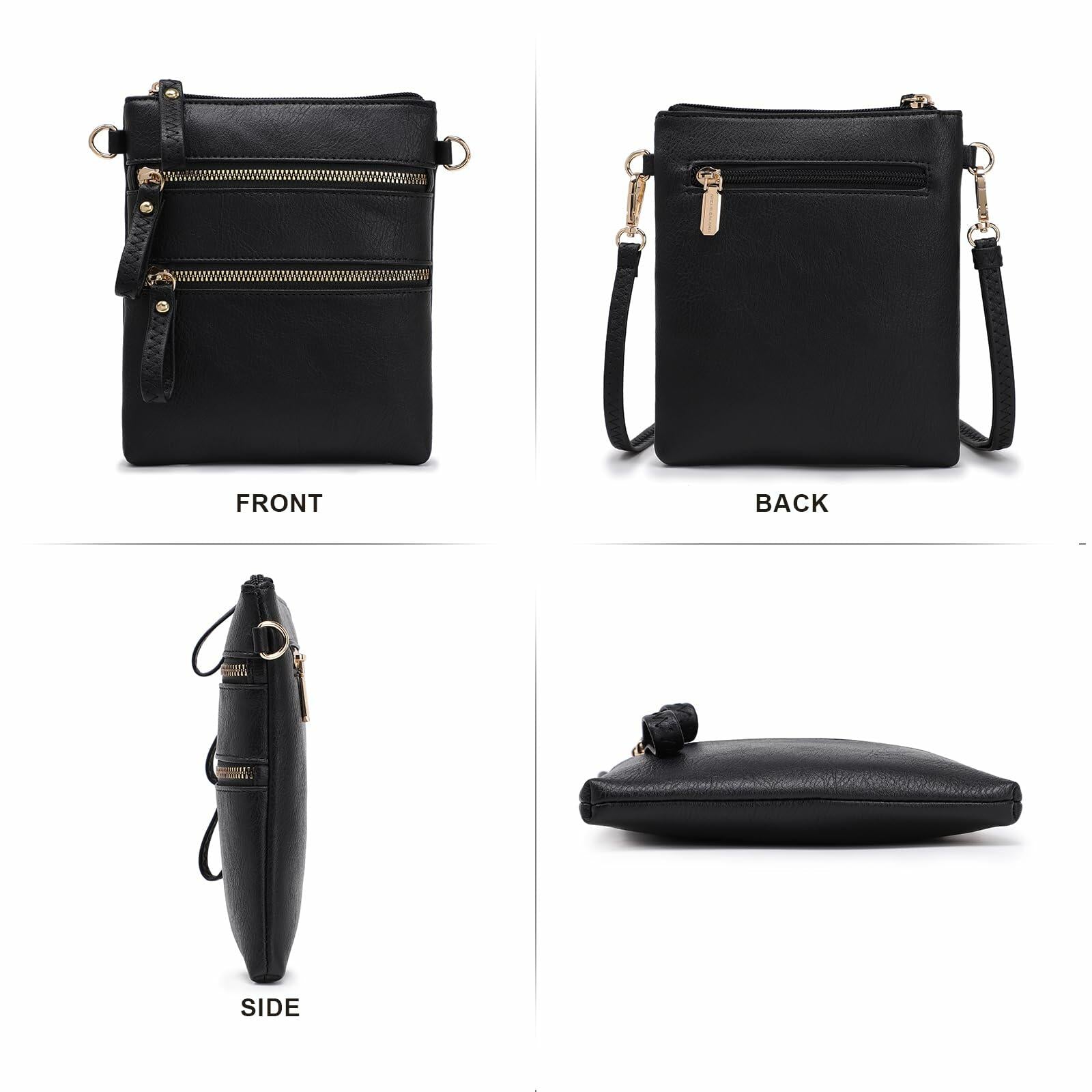 AMELIE GALANTI Small Vegan Crossbody Purse Bag Triple Zipper Black