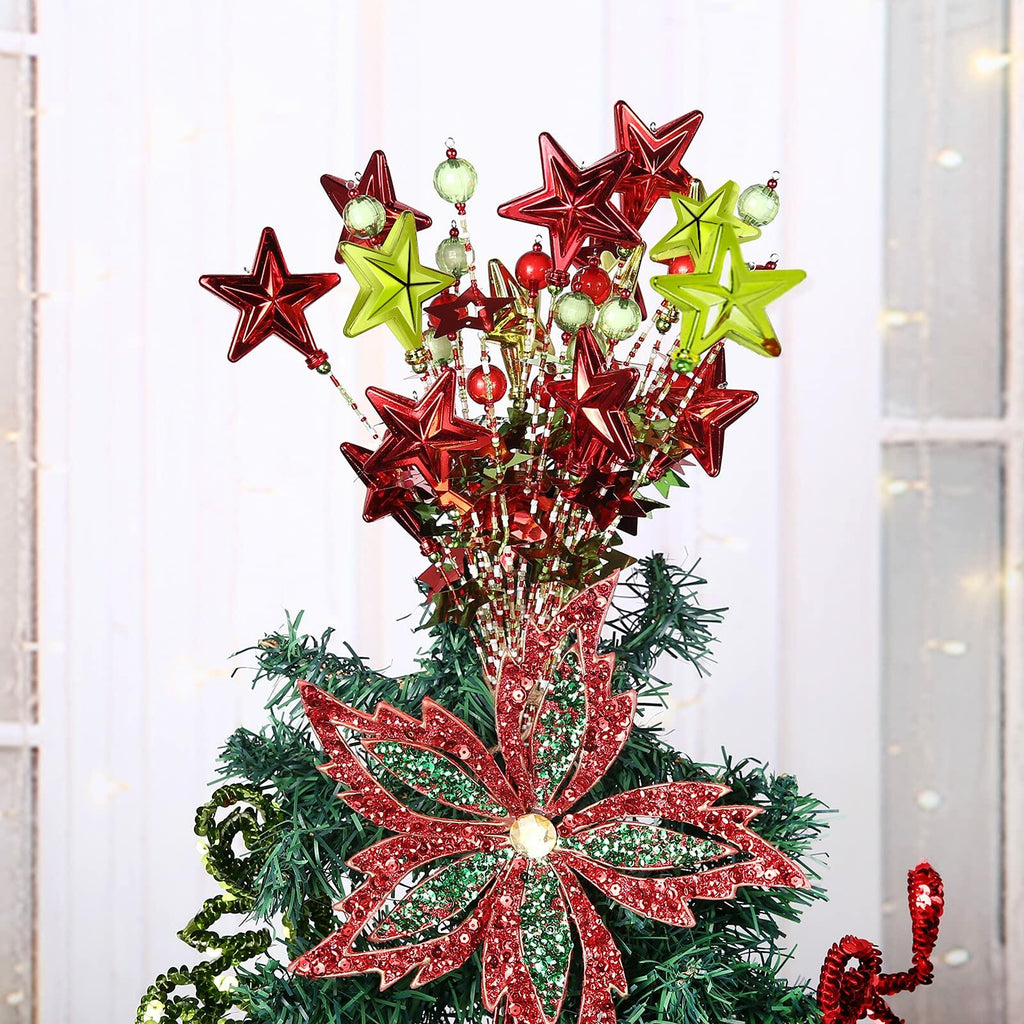 17" Red Green White Christmas Tree Topper Star Beads Sequin Decor