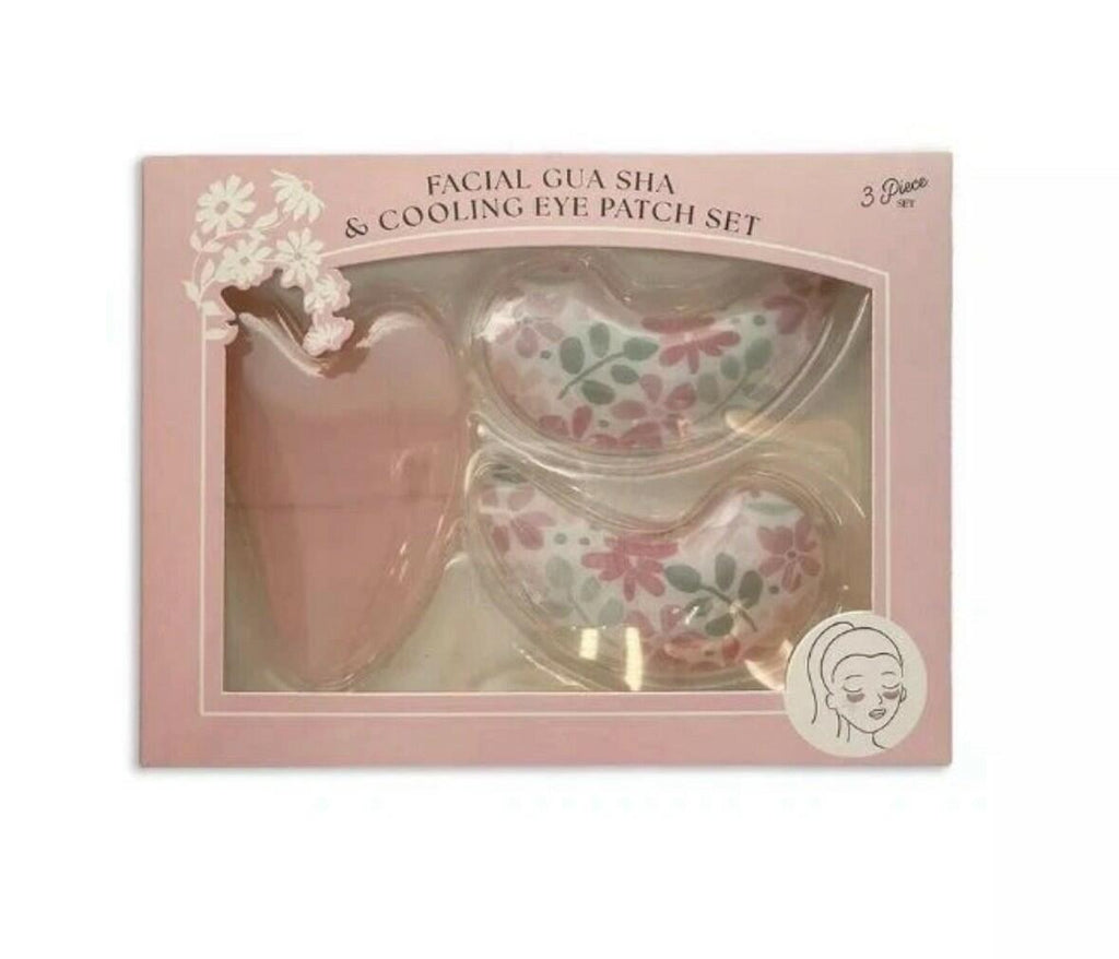 Tiger Eye gua sha + floral cooling eye patches, Pink 3-piece set