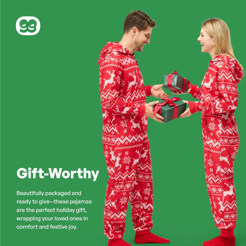 Giggling Getup Women Christmas Pajamas Hooded Nordic Print Red Size L