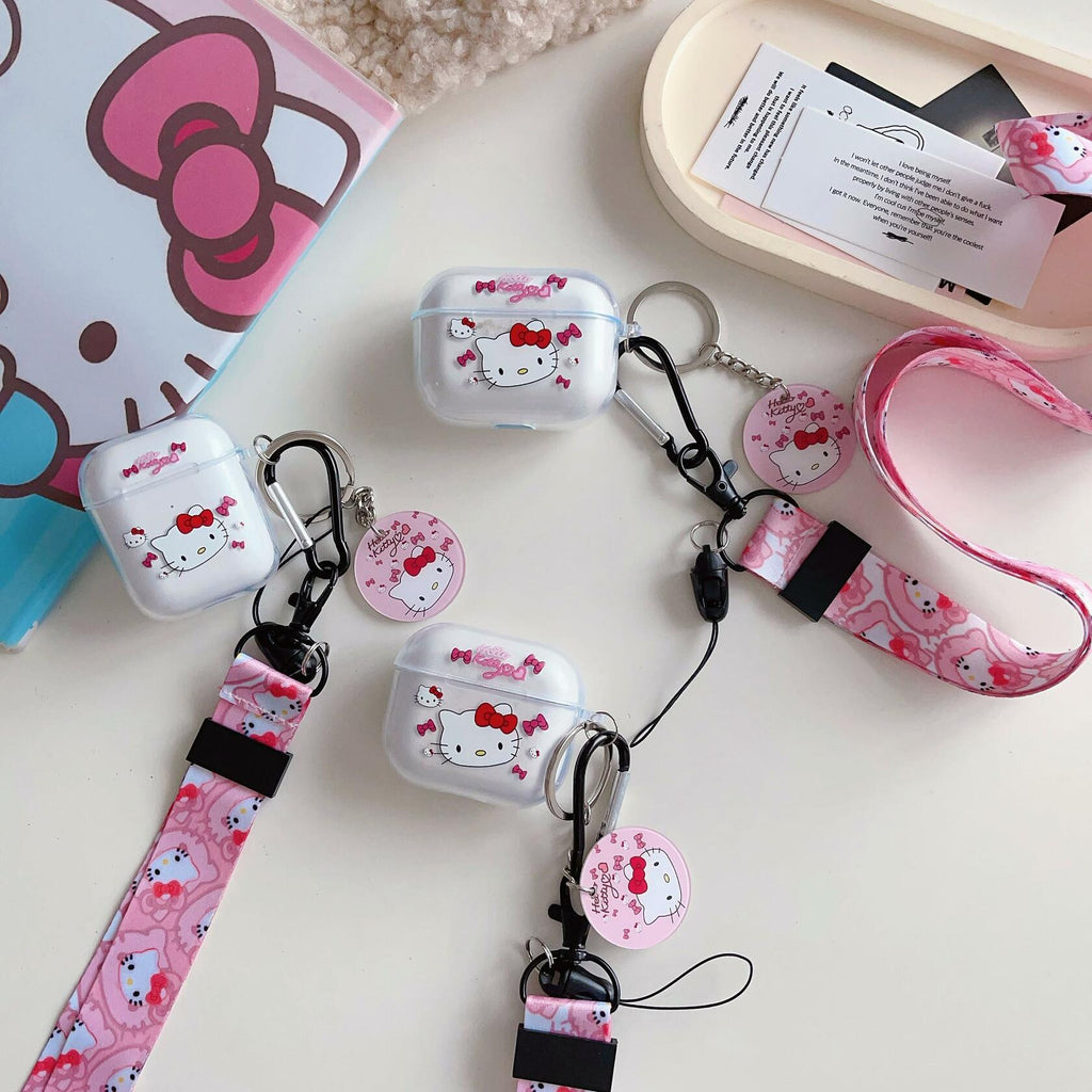 LZHZXM Hello Cartoon Cat TPU Case with Pink Lanyard Keychain Transparent