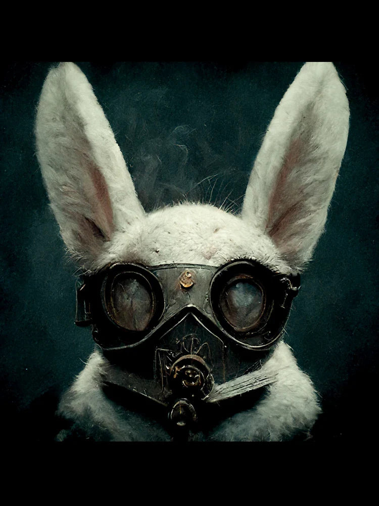 The rabbit wearing a gas mask.