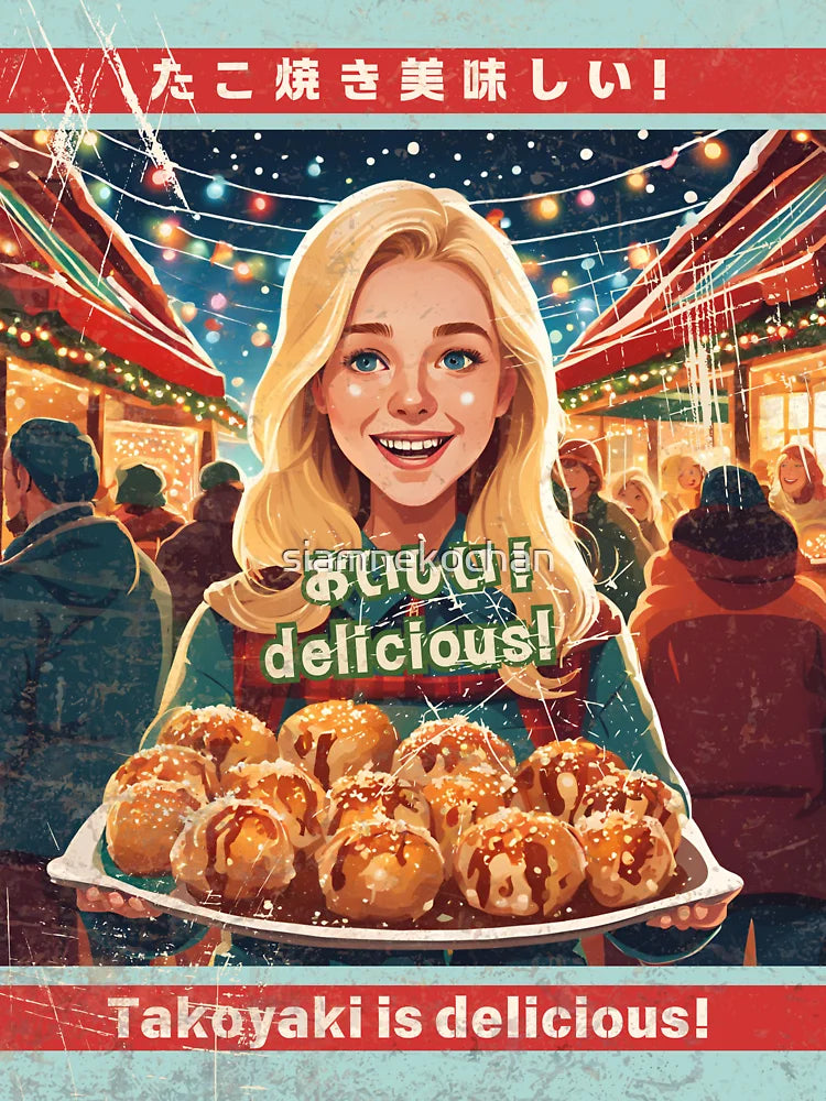 Nordic Holiday Bliss: Beautiful Woman Serving Takoyaki