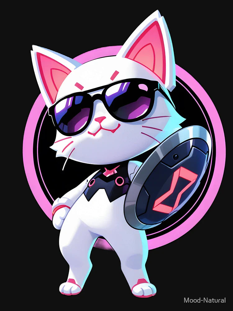 Cyberpunk Neon 3D Chibi Cat with Shield